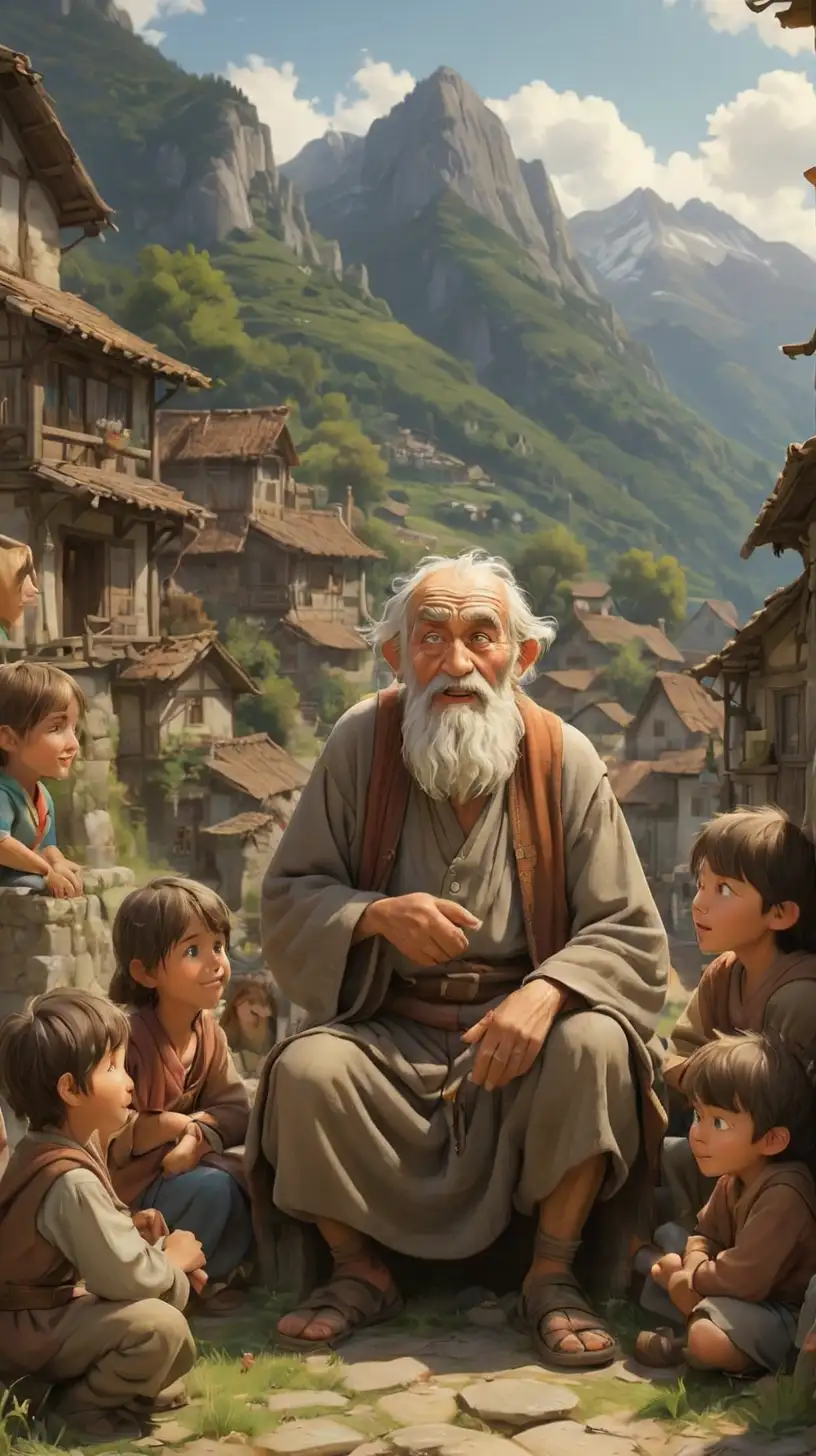 Old Wise Man Tells Stories to Village Children at Mountains Foot