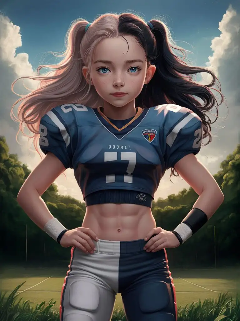 нарисуй картинку девушки со Светло-темные волосы, спортивного телосложения много знает, в футбольной форме и костюме, а еще красивая, умная, скромная