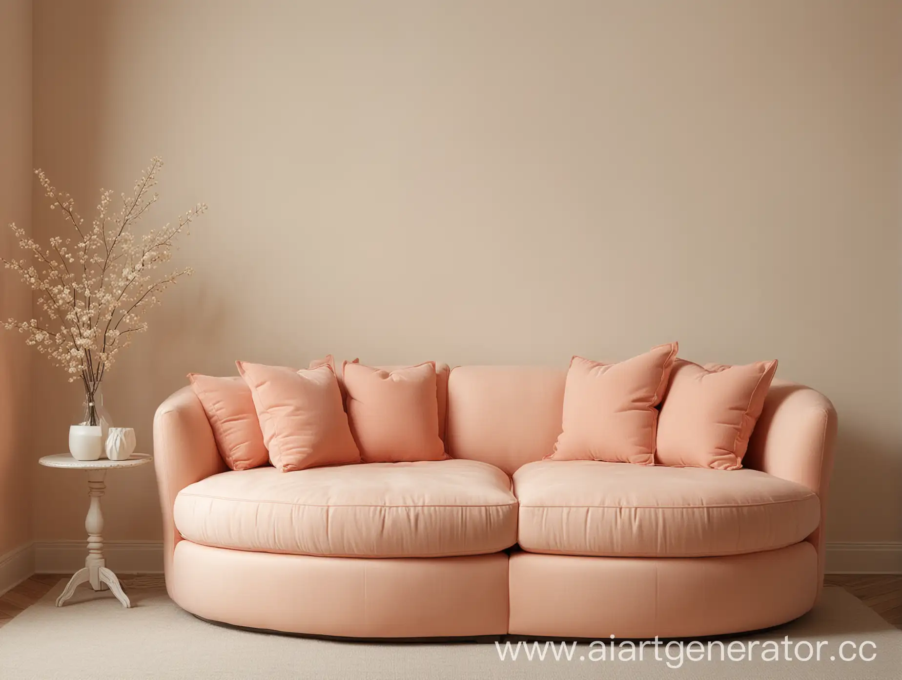 небольшой округлый мягкий диван кораллового цвета с двумя подушками слева на фоне однотонной стены цвета слоновой кости без лишних предметов вокруг 