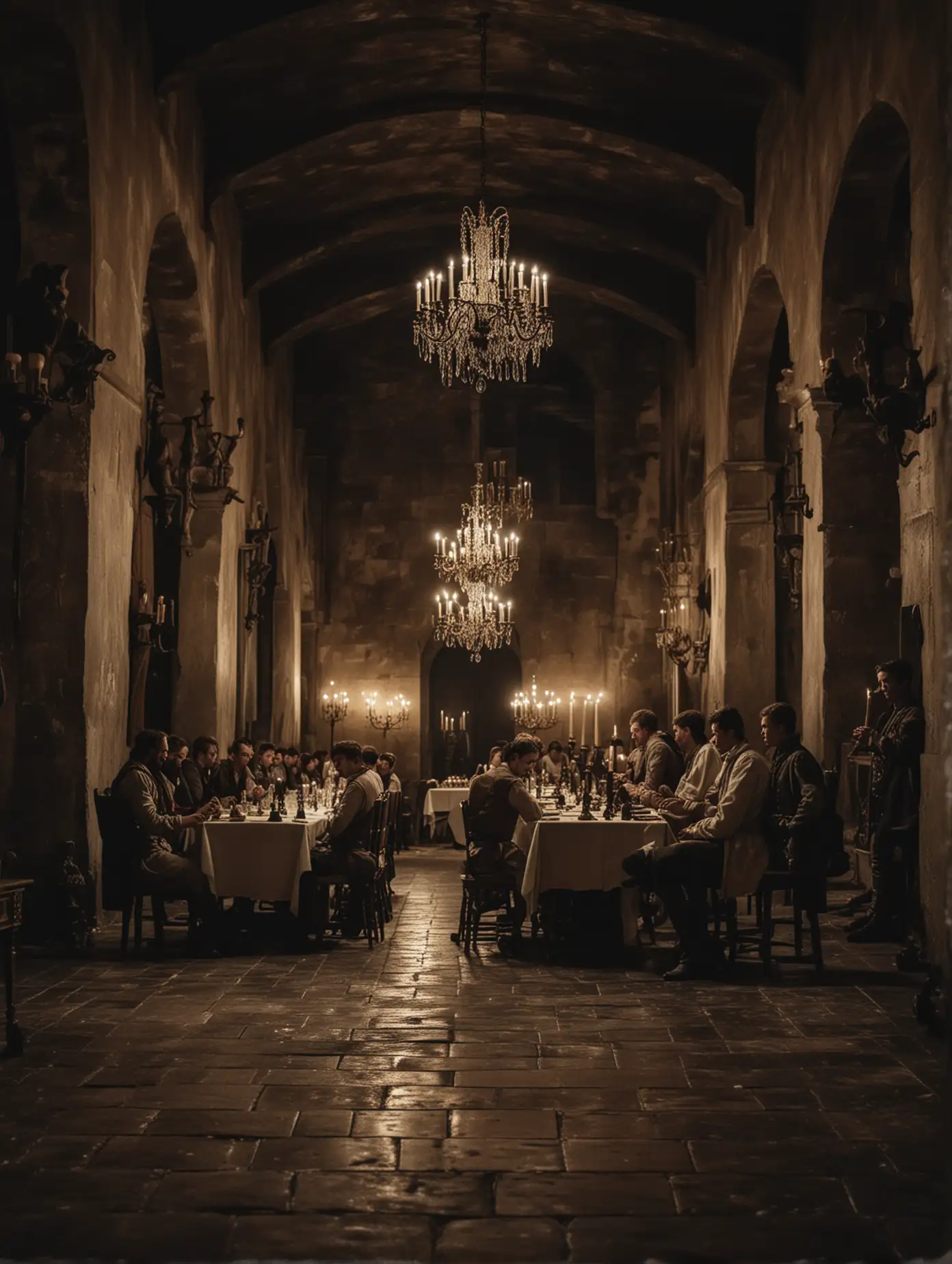 A dim lightened with candlesticks on the walls big hall in a 17th century castle full with young men, dressed with light clothing, boots, sitting at tables and drinking, frozen, surprised and numb watching at the camera, it is dark mysterious and fascinating atmosphere, a shot from the floor