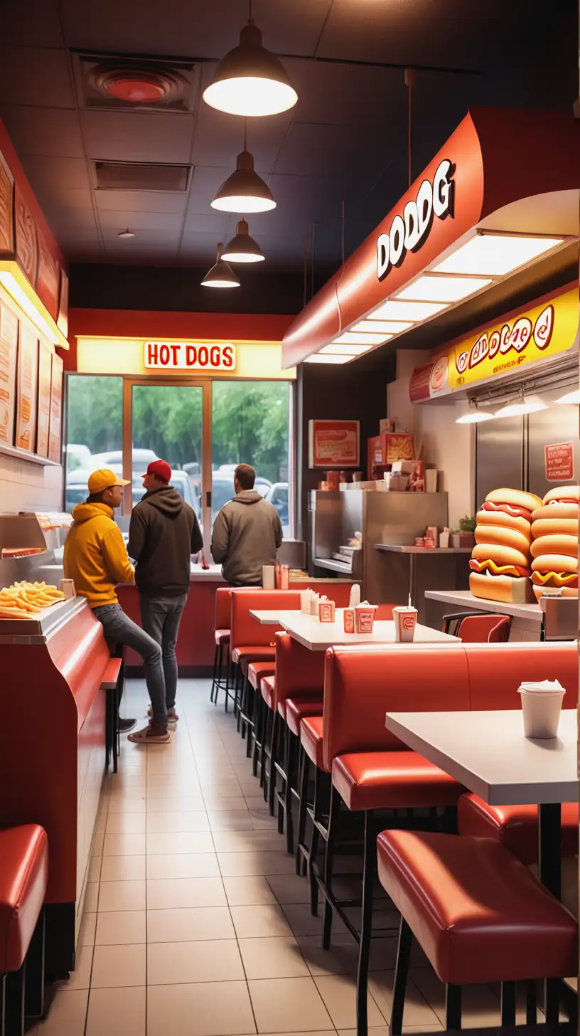 Vibrant Hot Dog Shop Interior with Enjoyable Atmosphere and Delicious Fast Food