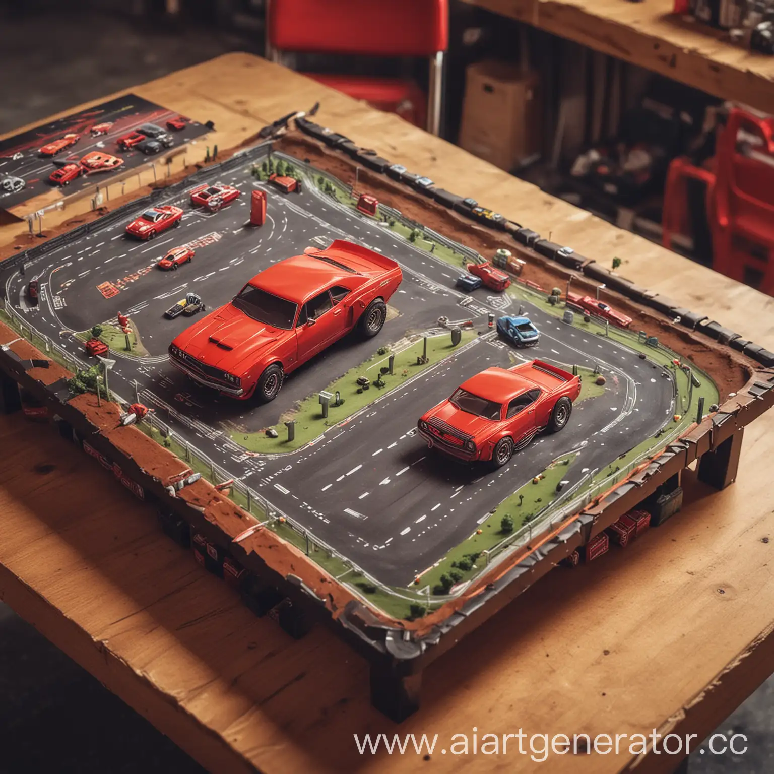 создай арт для мобильной игры Table racing где красный маслкар гоняет по столу на котором находиться гоночный трек