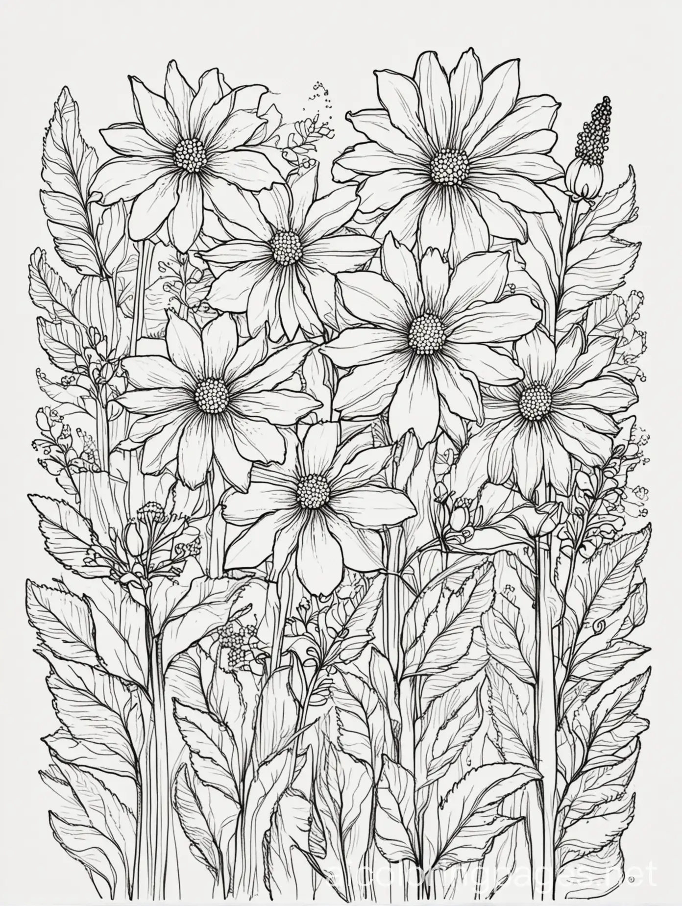 abstract wildflowers native to tennessee, Coloring Page, black and white, line art, white background, Simplicity, Ample White Space. The background of the coloring page is plain white to make it easy for young children to color within the lines. The outlines of all the subjects are easy to distinguish, making it simple for kids to color without too much difficulty