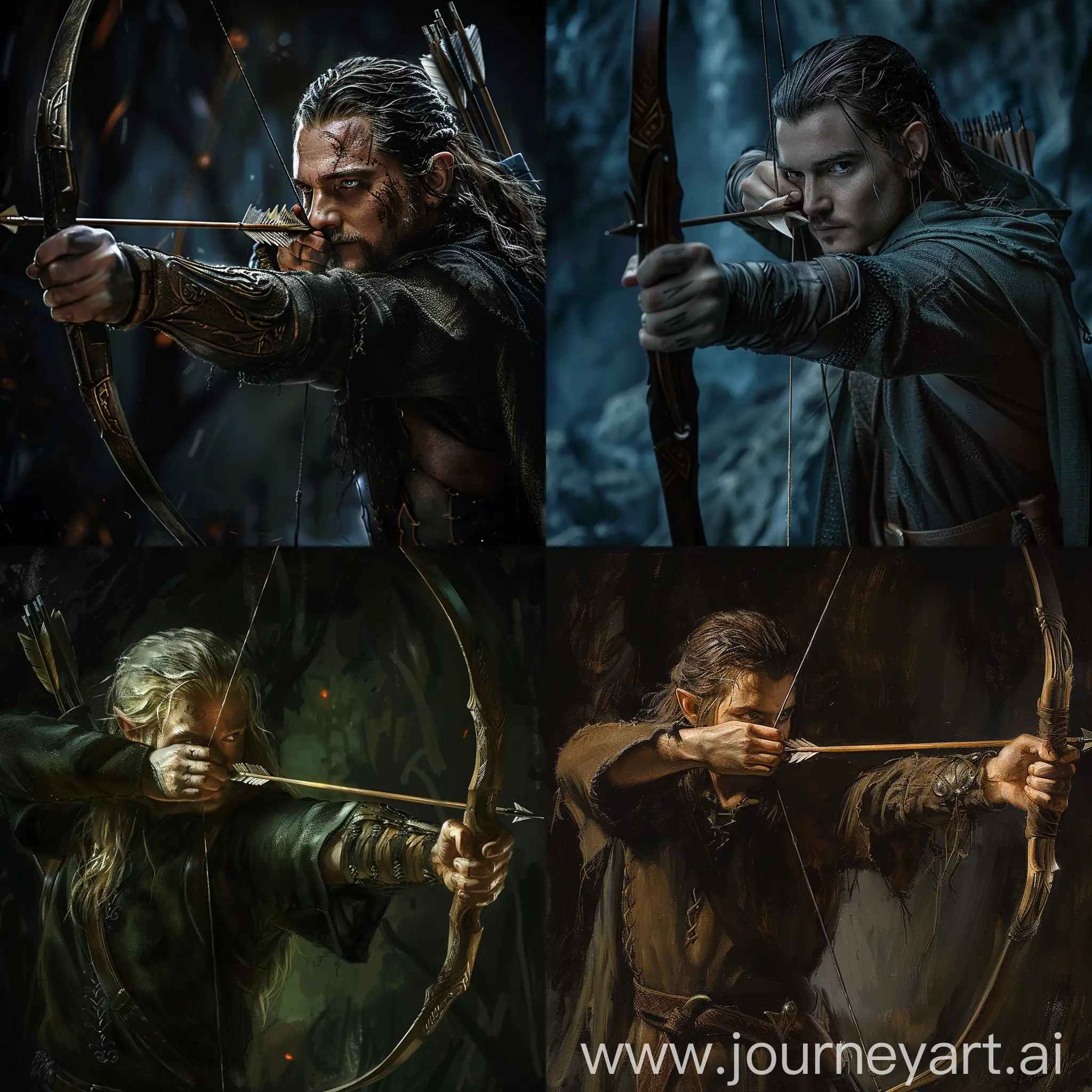 legolas. lord of the rings, doing archery, dark environment