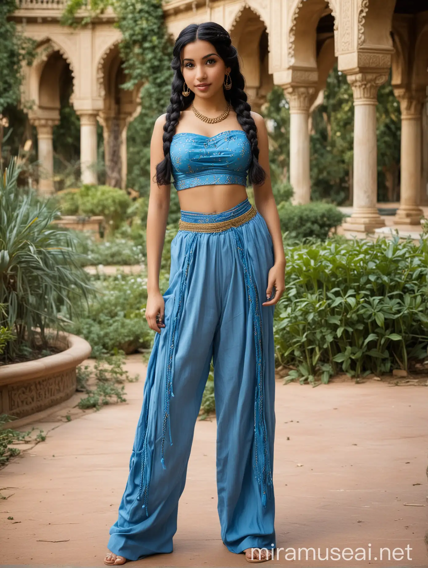 Princess Jasmine in the palace garden, 18 years old, Arab, Indian, blue harem pants, blue tube top, long black hair braided, demure, petite, perky