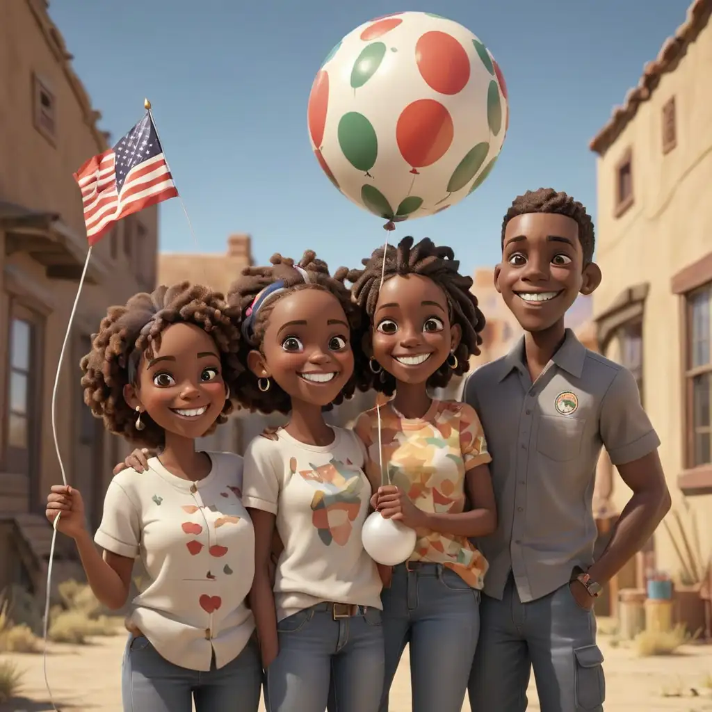 Happy African American Family Celebrating with Balloons and Flag in New Mexico