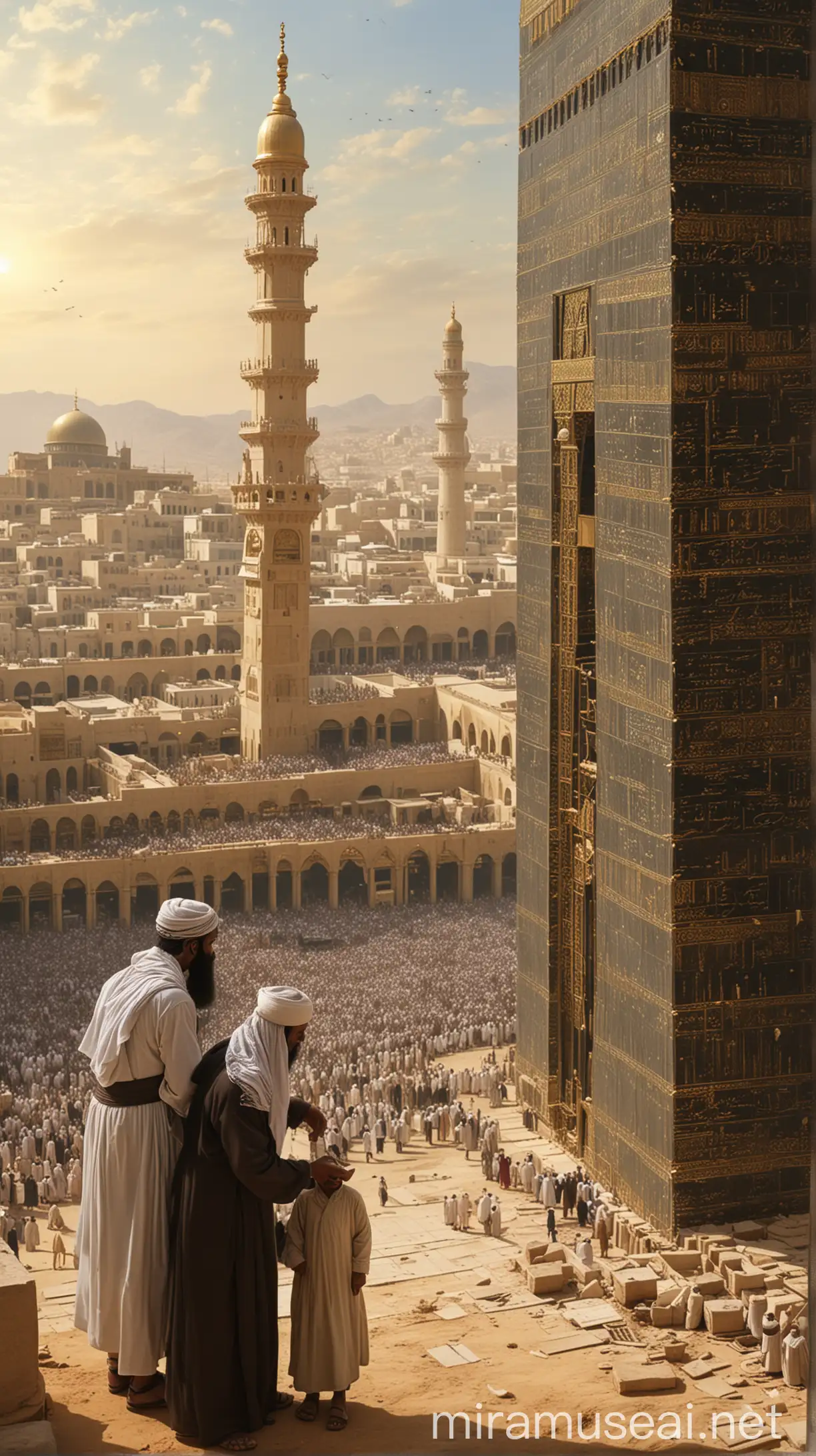 Divine Reconstruction: Depict Prophet Ibrahim (Abraham) and Isma'il (Ishmael) rebuilding the Kaaba under Allah's command. Capture the father and son working together to raise the sacred walls of the Kaaba, symbolizing their obedience and faith.
