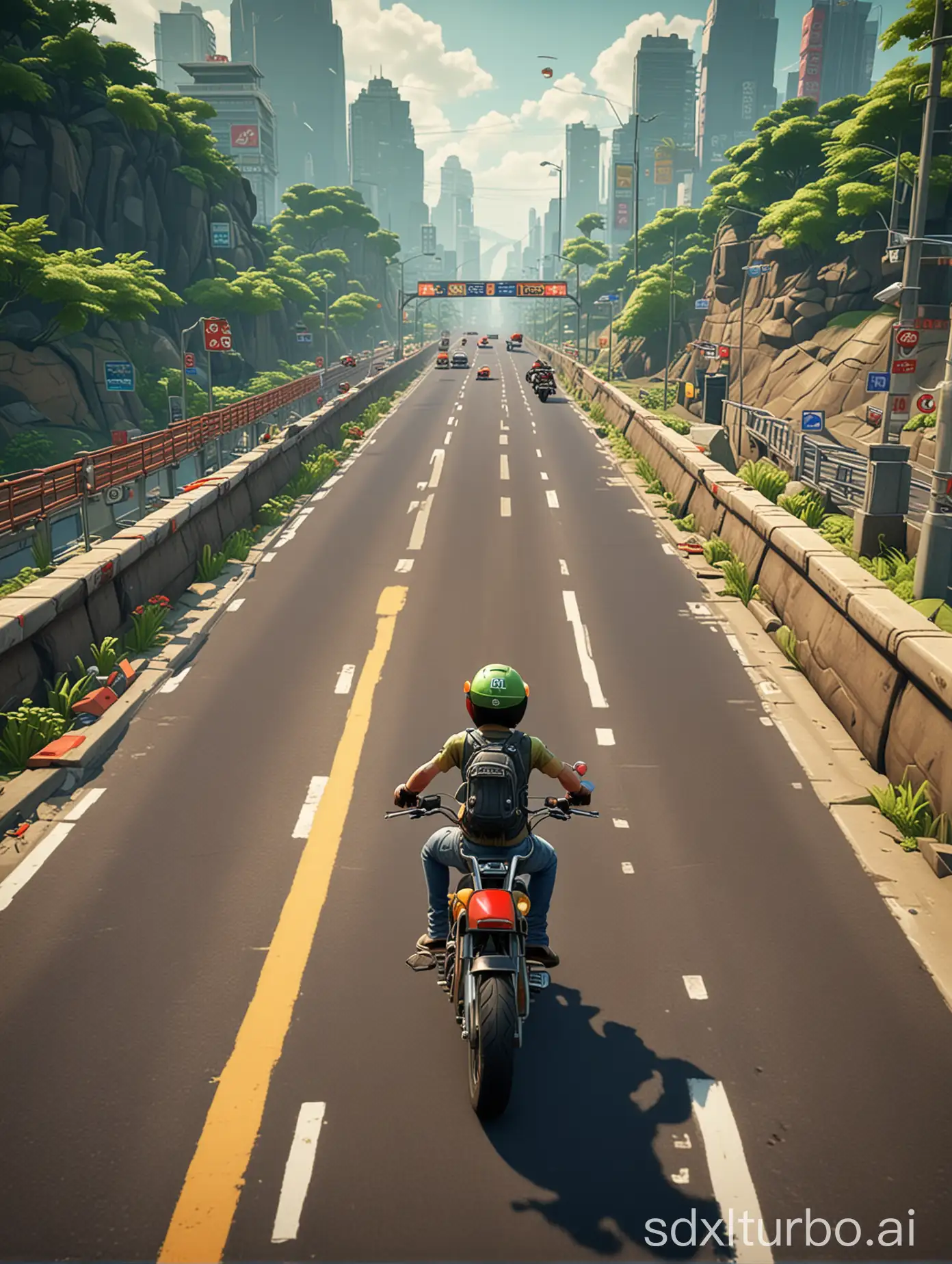 subway surfer gameplay style but with character riding motorcycle on interstate highways with the scene of Taiwan above. Low Poly 3D graphics