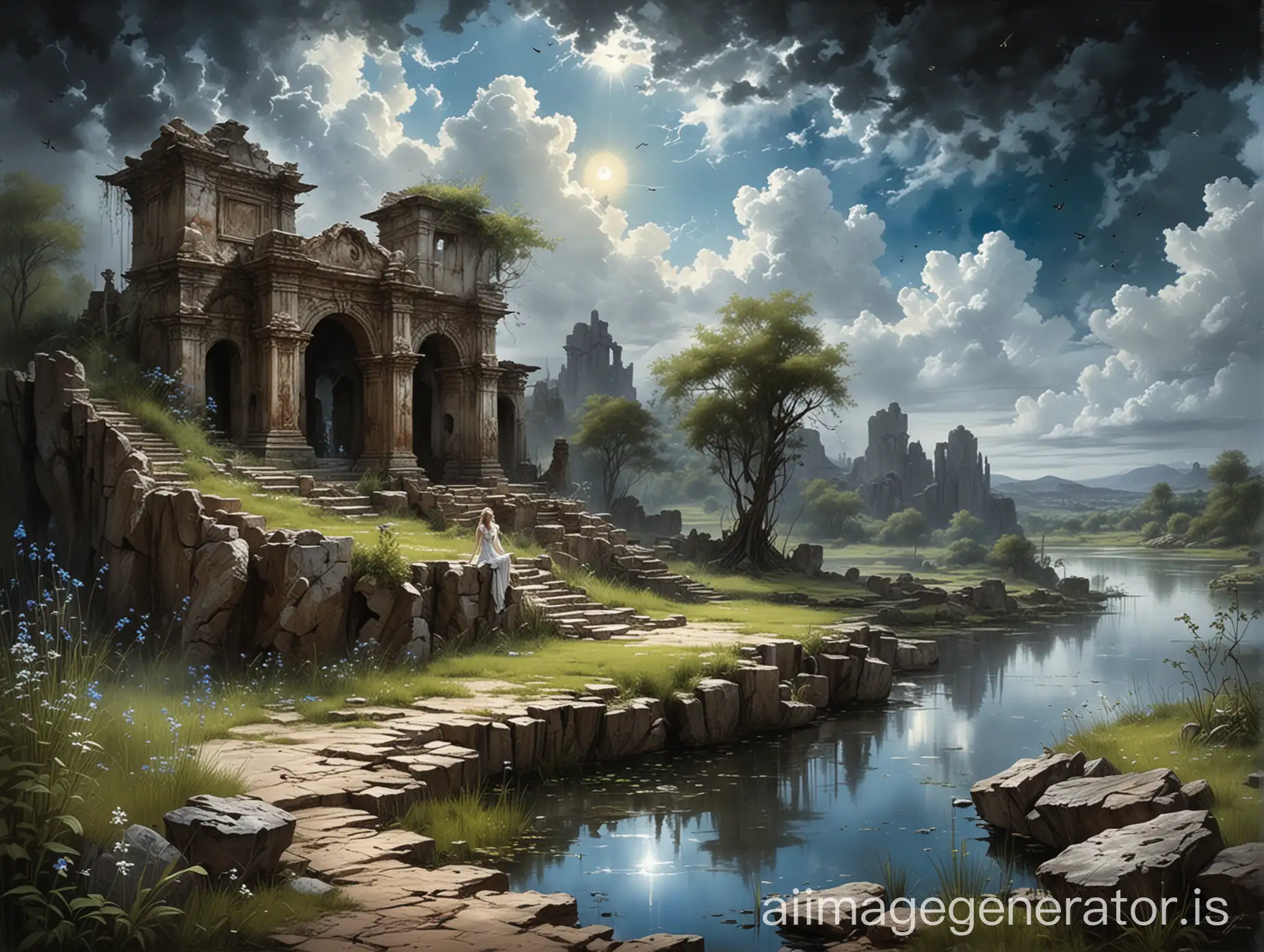 luis royo inspired dark backdrop,  sunny weather, ancient ruins, bright gardenscape, a wet rock by the pond, high noon, blue skies and white clouds, fireflies