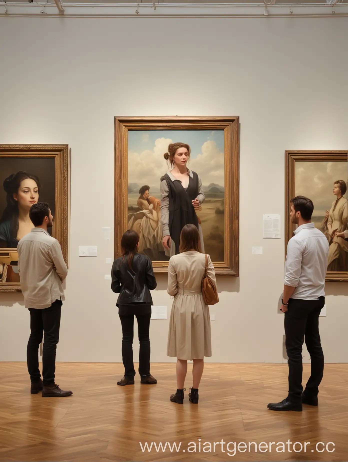Группа людей три человека две женщины и мужчина вместе 
в картинной галерее смотрят на картины в полный рост