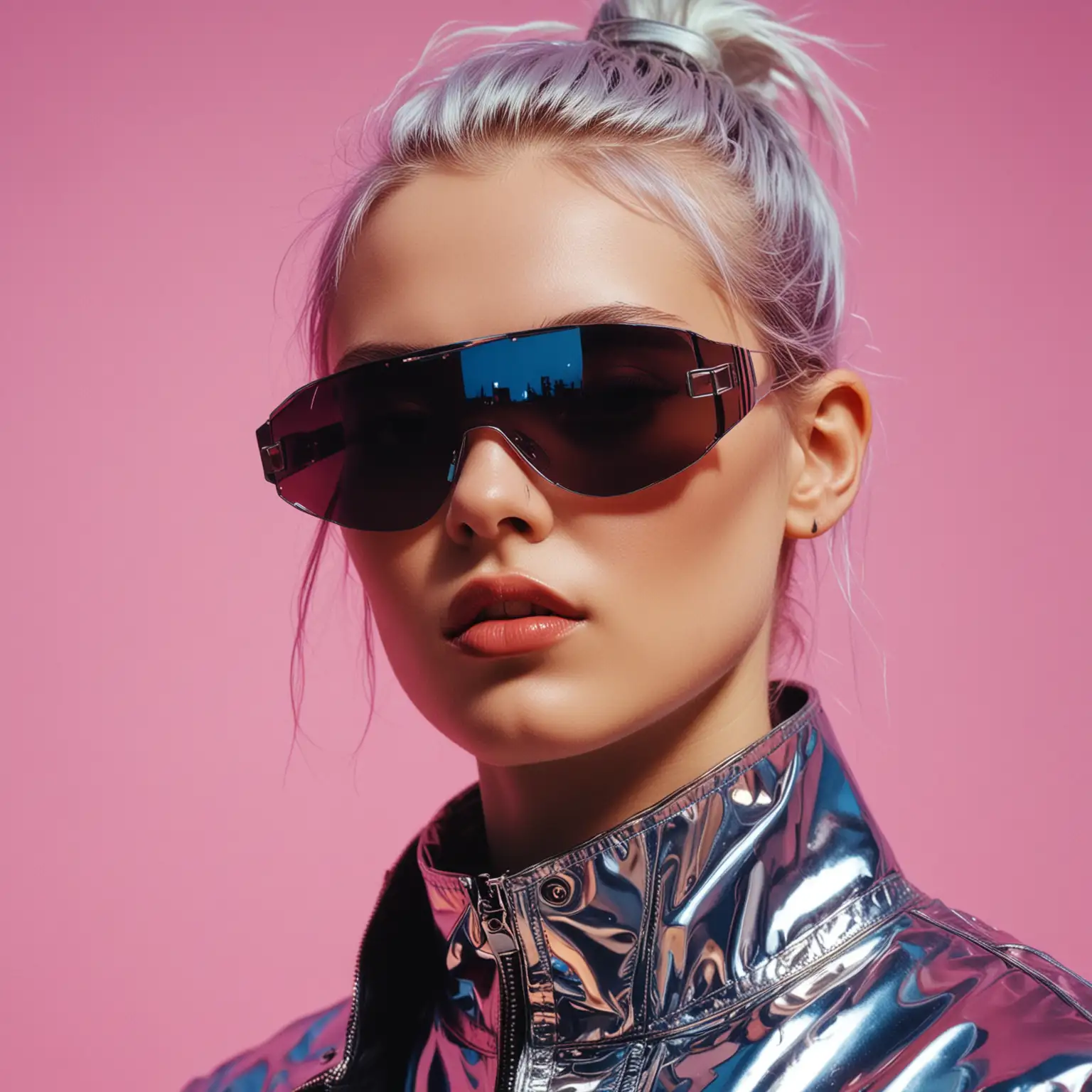 90's y2k fashion aesthetic cyberpunk, fashion photography, shot on film, grunge, noise effect, chrome wrap around sunglasses, colourful background, close up shot

