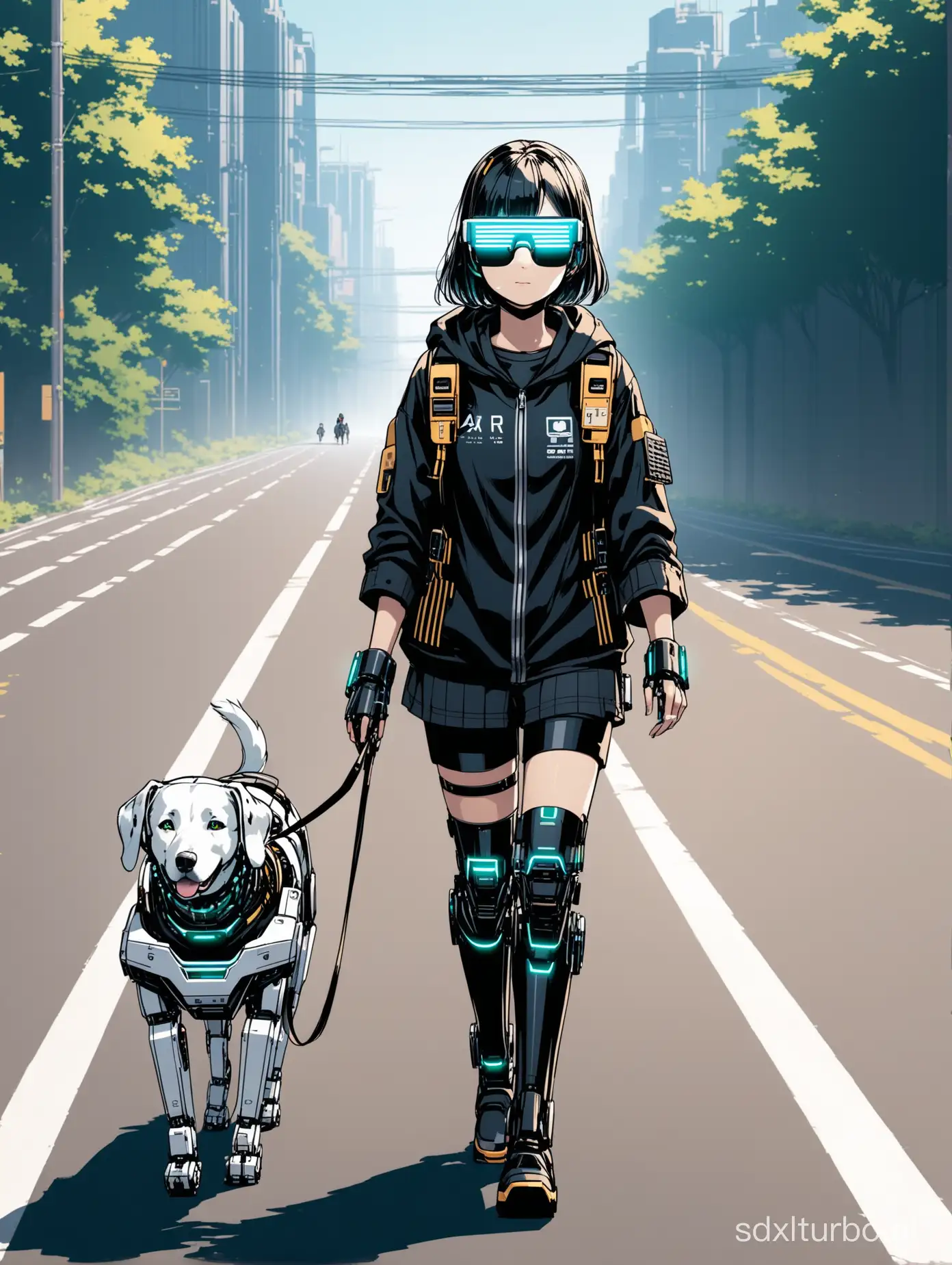 a cyber-punk robotic guide dog leads a poor blind girl wearing a AR glasses passing  through a road