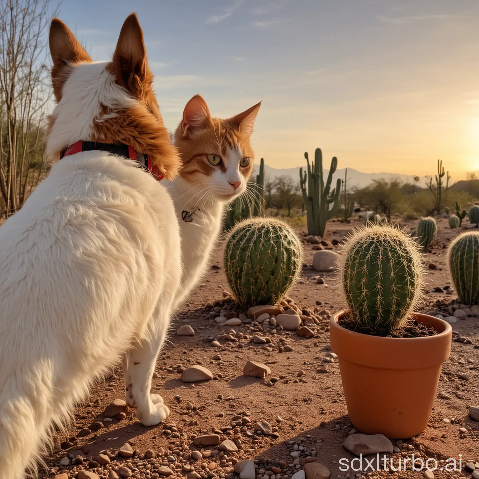 Curious-Dog-Ignored-by-Cat-with-Cactus-Pot