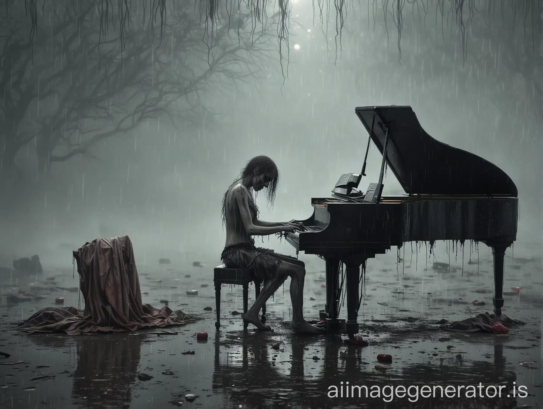 a lonely zombie under rain and fog, crying with broken heart and piano