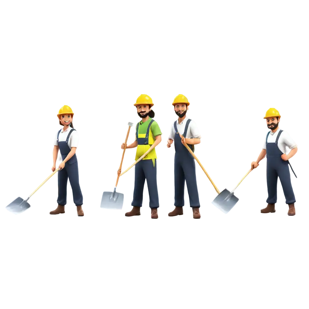 A cartoon image of a group of workers holding shovels and picks and working.