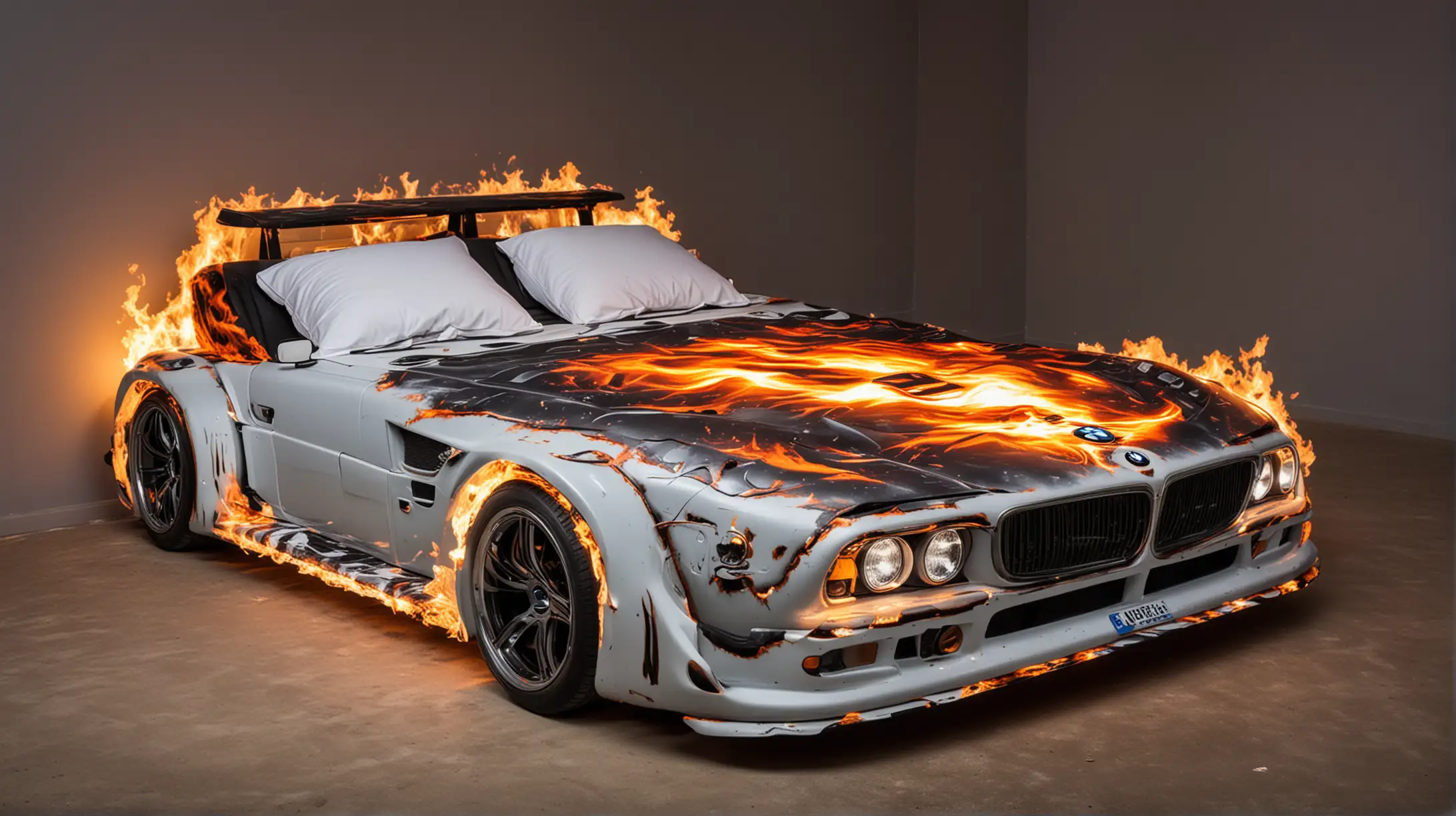 Double bed in the shape of a BMW car with headlights on and fire graphics