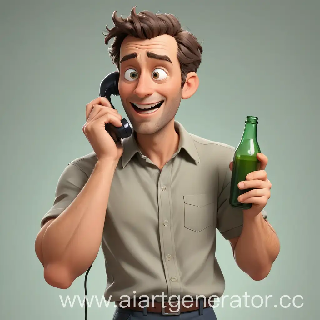 Cartoon-Man-Holding-Bottle-While-Talking-on-Phone
