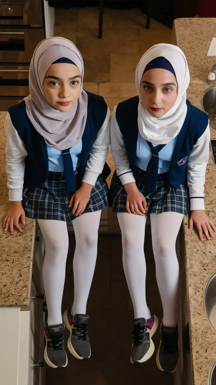 2 girl.  14 years old. They wear a modern hijab, school skirt, tight shirts, white opaque tights, sport shoes.
They are beautiful.
In kitchen. They sits on the kitchen countertrops. well-groomed, turkish, quality face, plump lips.
Bird's eye view, top view, serious face