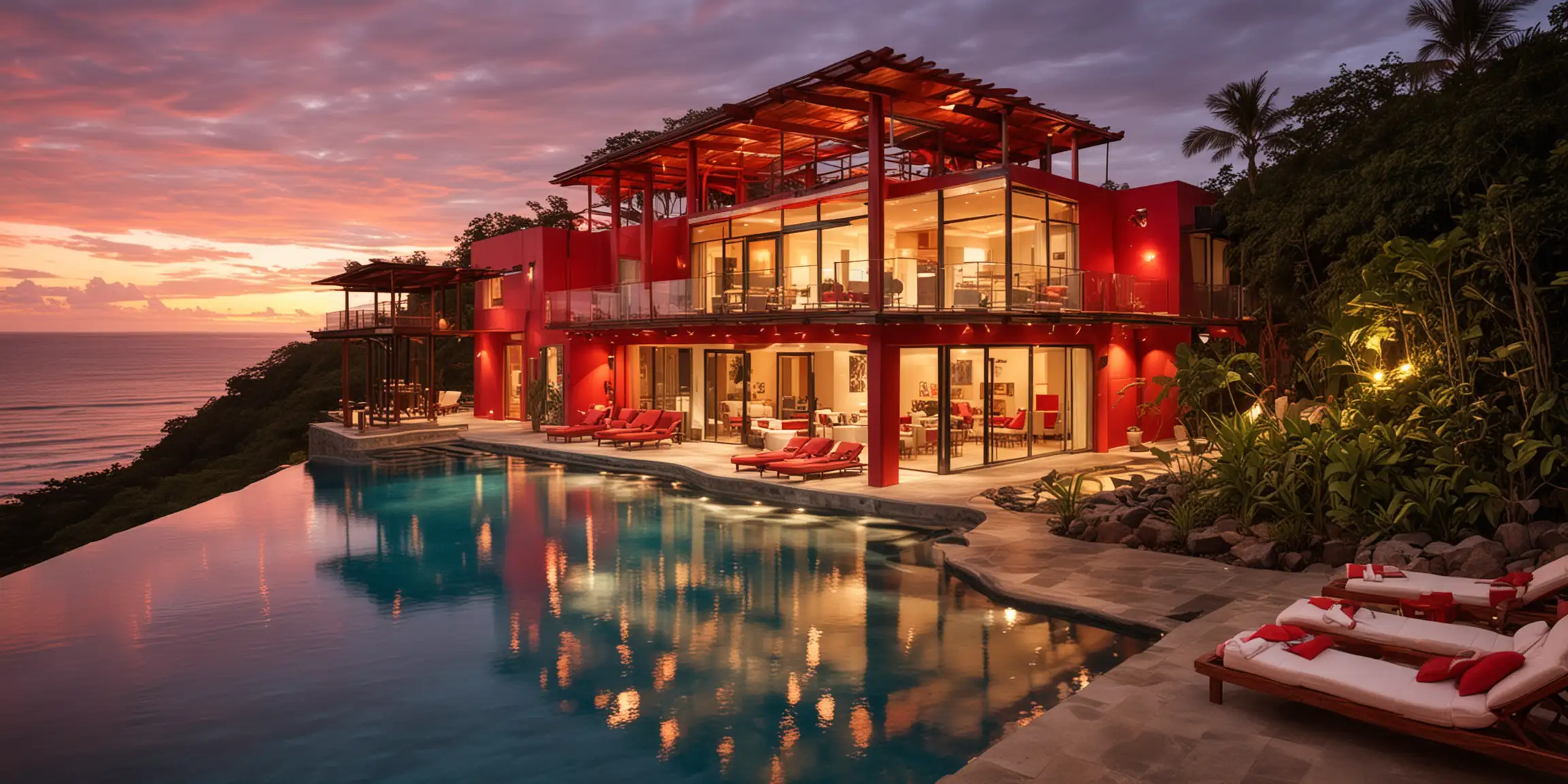 oceanfront contemporary vacation home using red colors in costa rica with outdoor living area and infinity pool at sunset with warm lighting