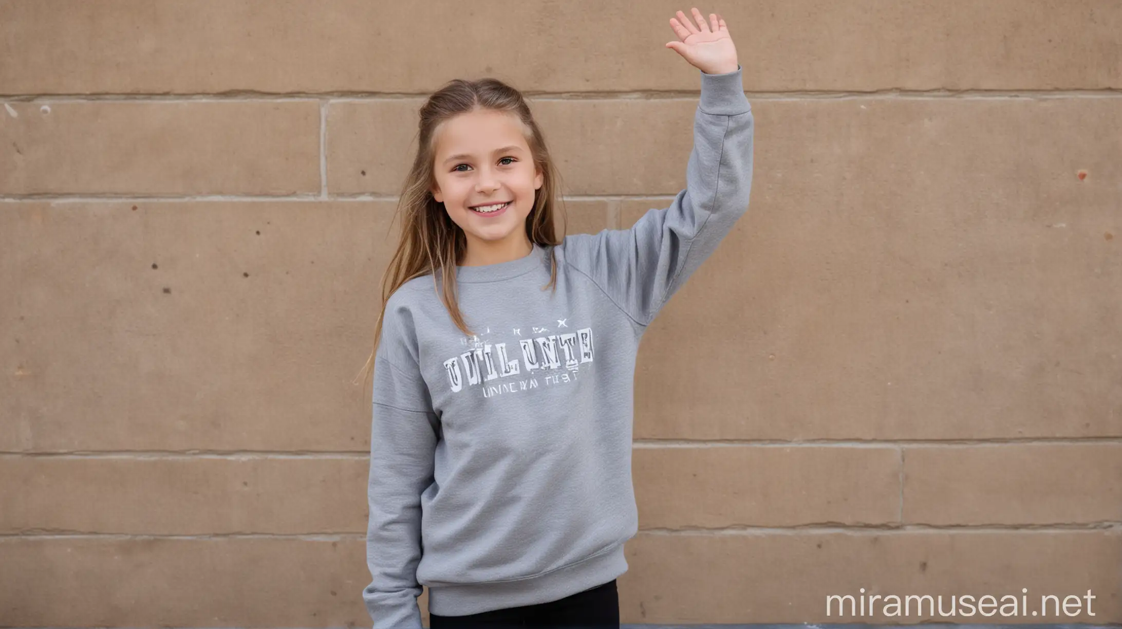 Girl in Gray United Sweatshirt Raising Arms