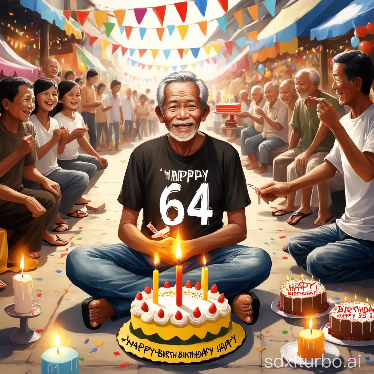 depicts a 64 year old man, Javanese Indonesian face, Black hair,wearing a t-shirt, jeans, flip-flops, sitting cross-legged on the ground while carrying a birthday cake, happily celebrating his birthday, on top of the cake there is a candle burning with the number "64", showing his age. There is writing on the edge of the cake "Happy Birthday", very busy market background, lots of people looking at it, happy and happy atmosphere