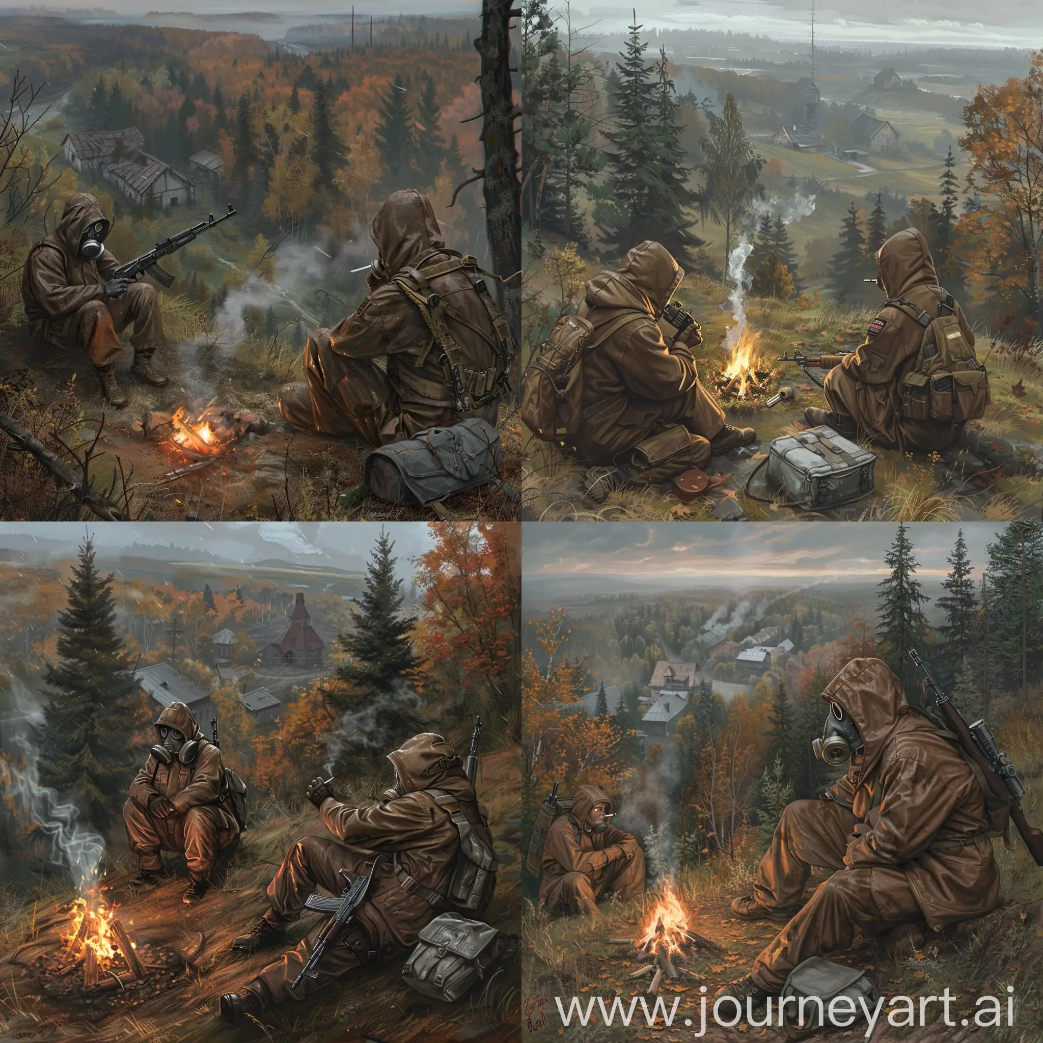 Stalker art, two stalkers are sitting on a hill by a campfire, the first stalker is wearing a brown raincoat with a gasmask on his face, he has a rifle in his hands, the second stalker is smoking a cigarette, dressed in a brown military jumpsuit, a small gray backpack lies next to him, the weather is gloomy autumn, from the hill, where the stalkers are sitting, there is a view of the forest and an abandoned Soviet village standing in the distance.