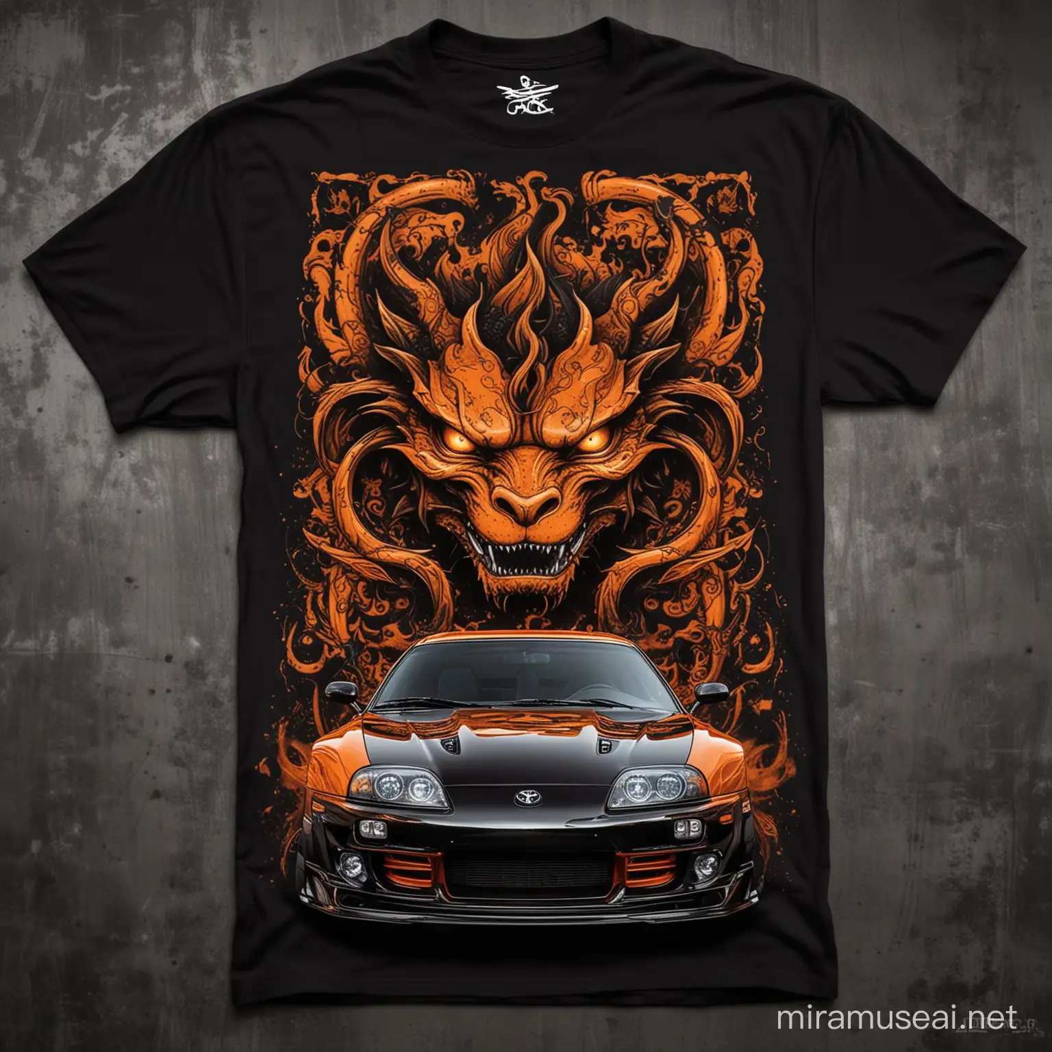 
Title: "Dragon's Fury: Custom Black and Orange Toyota Supra 1995 Mk4"

Description:
Imagine a mesmerizing design featuring a custom-built Toyota Supra 1995 Mk4, adorned in a striking black and orange color scheme that exudes power and ferocity. Against the backdrop, an intricate outline of a dragon's face emerges, its piercing gaze and menacing silhouette adding an element of mystique and intrigue to the composition. With meticulous attention to detail and a passion for automotive excellence, this design captures the essence of speed, adrenaline, and untamed energy. Perfect for enthusiasts who appreciate bold and dynamic style, this t-shirt design is sure to turn heads and ignite the imagination.