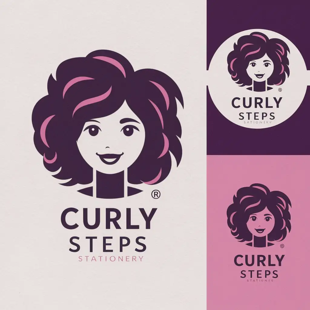 a logo design,with the text "CURLY STEPS", main symbol:logo should include  girls face with a curly hair care theme. logo on must be stationery design,Moderate,clear background