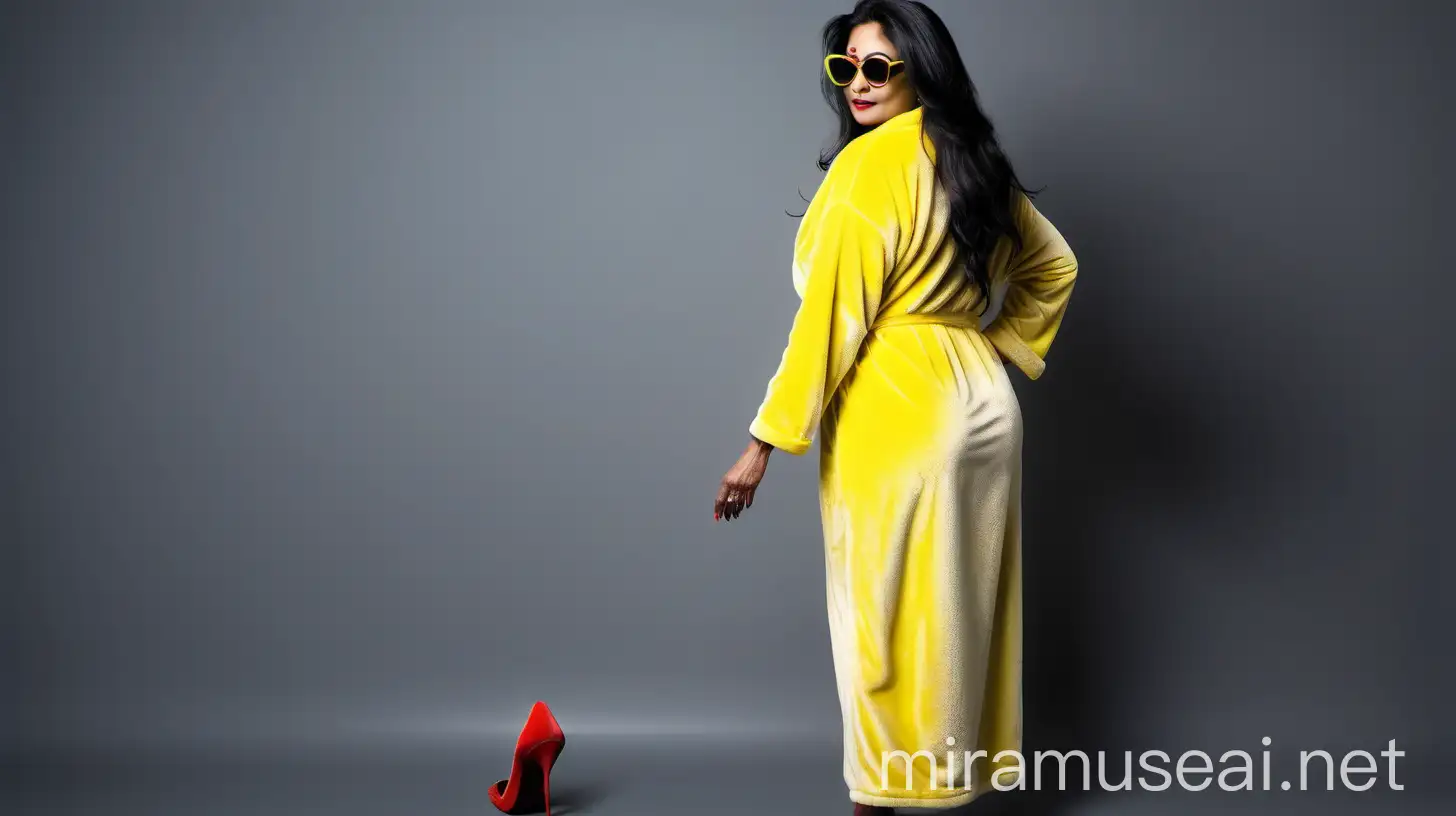 a mature  indian woman  backside , with curvy figure , long dense hair, wearing a wet neon velvet lemon color bath robe wearing a sunglasses on face  standing with high heels holding her waist with hand