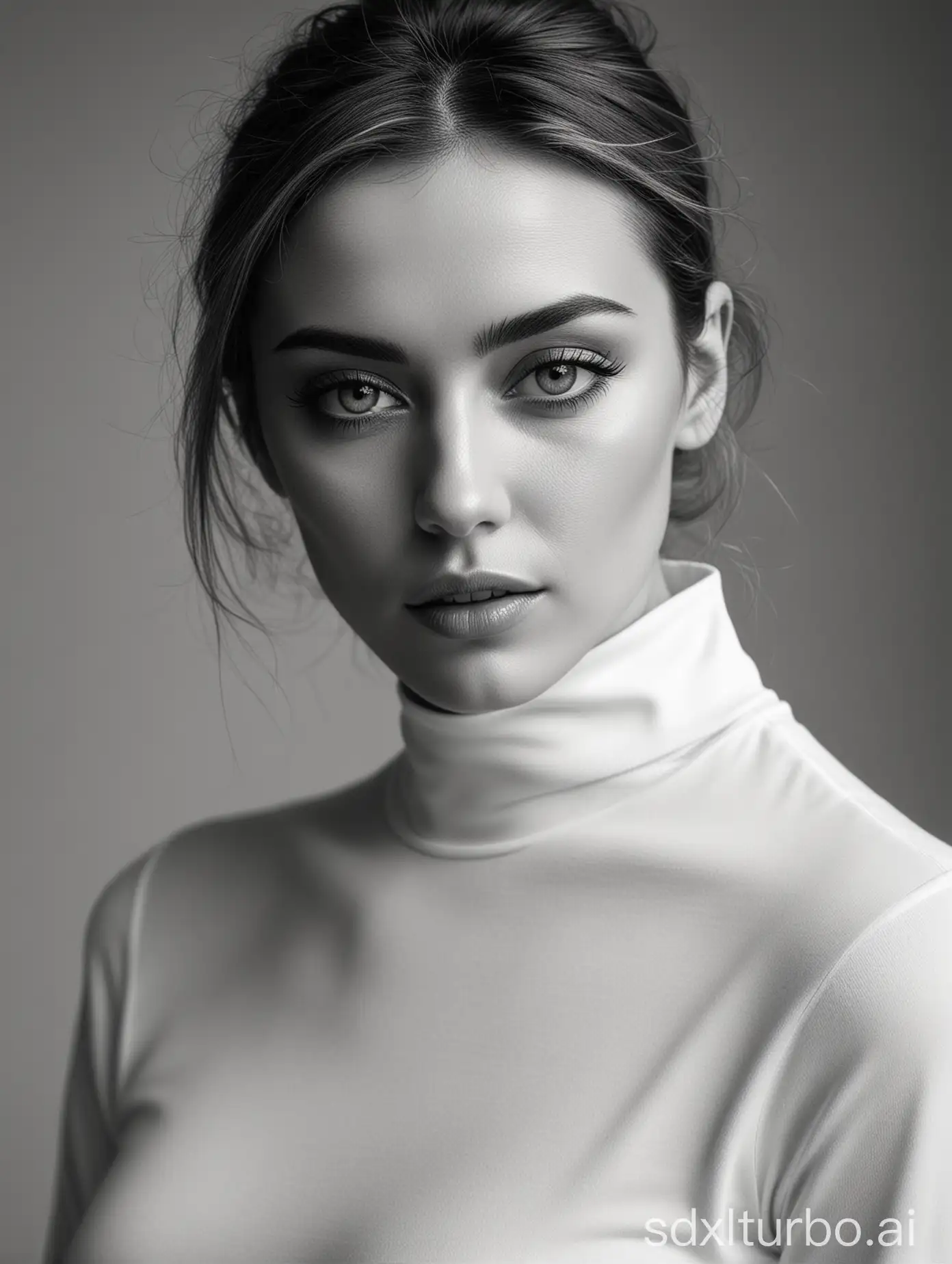 fashion photography, black and white, woman in minimalistic long sleeve top, monochromatic colors, high contrast, high resolution, hyperrealism, high detail, shot on Sony Alpha A7 III, focus on the eyes