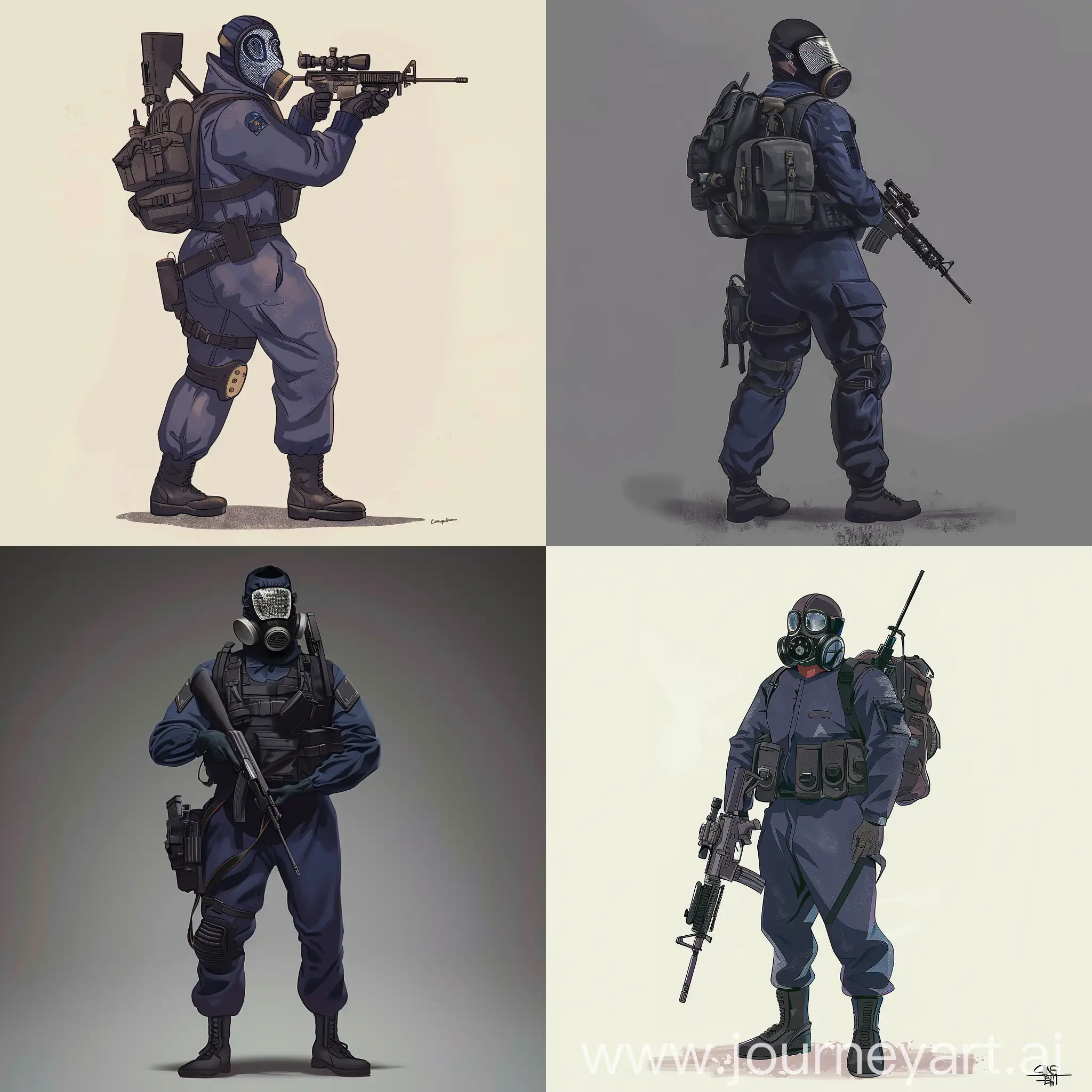 Digital, Concept character art, 1978 year SAS operator, dark purple military jumpsuit, digital gasmask on his face, small military backpack, military unloading on his body, sniper rifle in his hands.