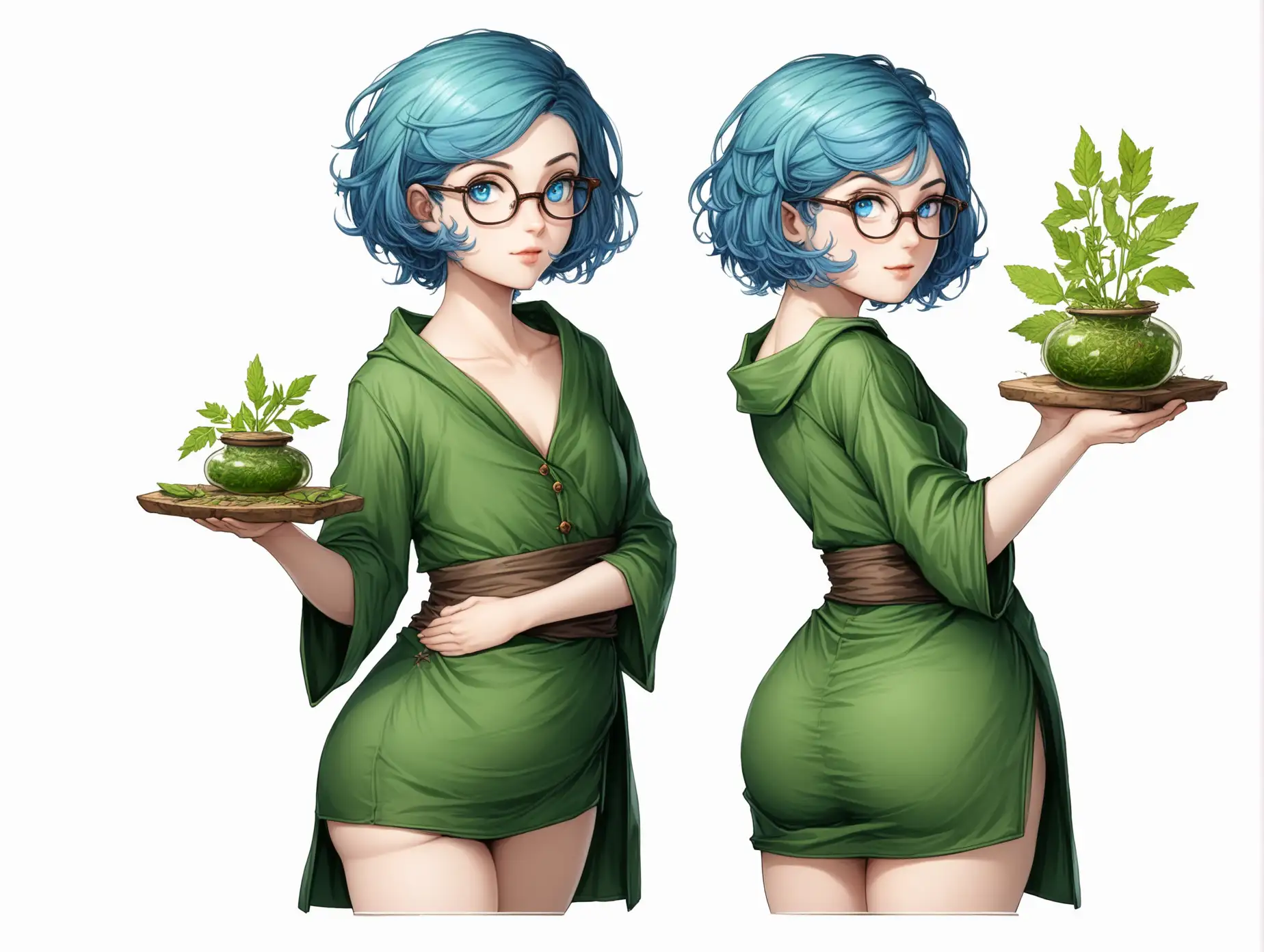 BlueHaired-Herbalist-Witch-in-Green-Garb-on-White-Background