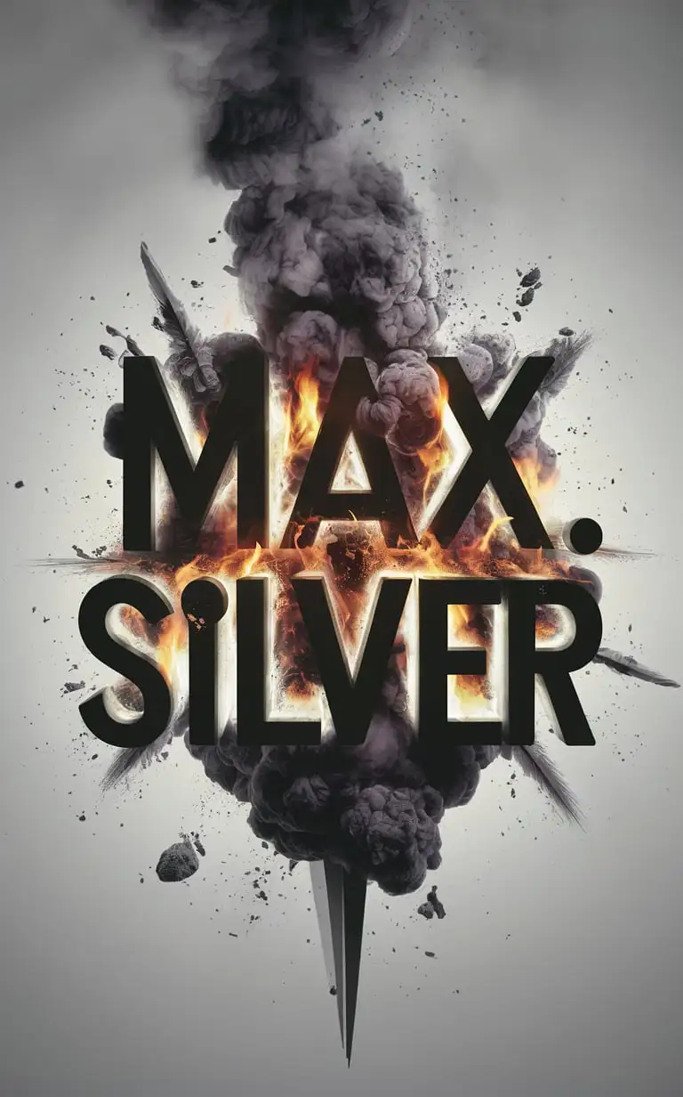 Smoke and ash and a bit of fire, confined inside the letters 'MAX.SILVER', on a light gray background, show the explosion coming out of the letters 'MAX.SILVER'.