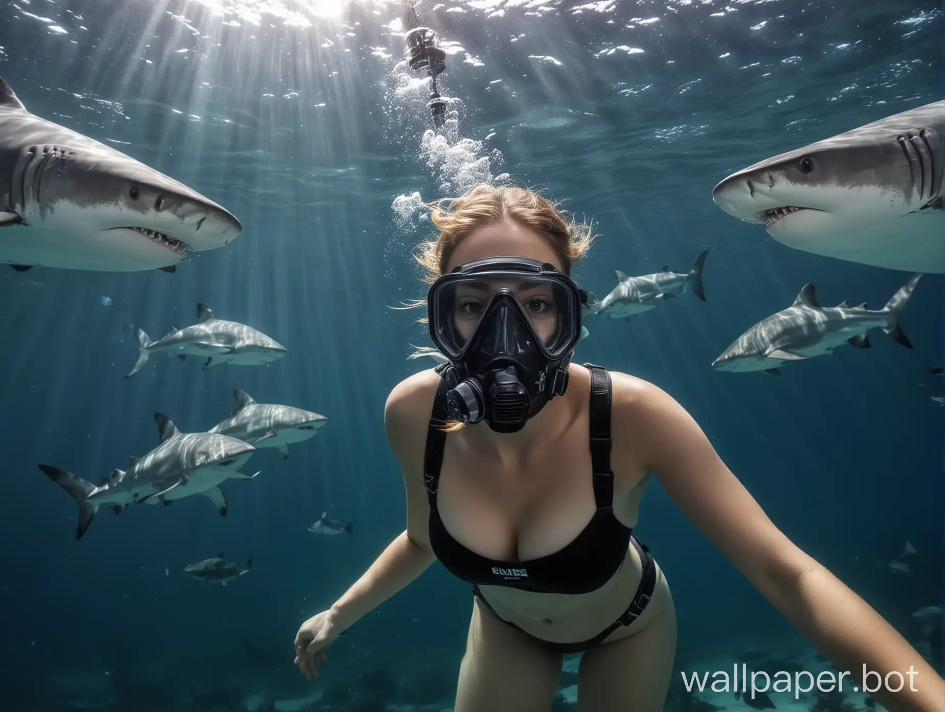 Girl diver naked with big breasts swims underwater in scuba tank, in a breathing mask, view from underwater, against the background of sharks