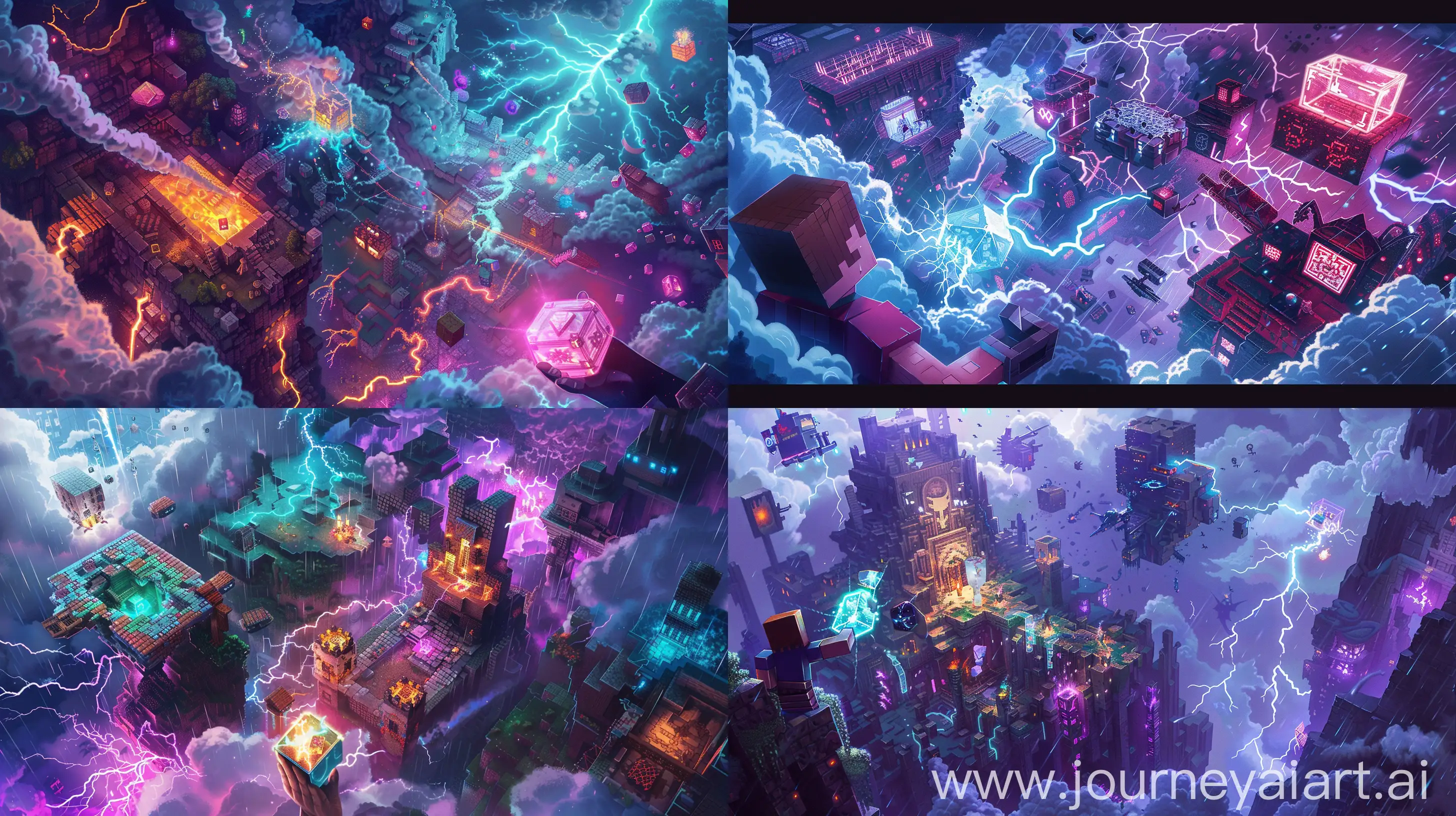 An intricate illustration depicting various methods of summoning lightning in the Minecraft universe. The scene showcases a player character engaging in the process, surrounded by mystical elements and vibrant energy. In the foreground, the player holds a charged crystal, with intricate details highlighting its creation and application. Nearby, stormy clouds gather, hinting at the imminent arrival of lightning. In the midground, unique structures or mobs associated with lightning summoning are featured, each contributing to the atmospheric tension. Command blocks and console commands are subtly integrated into the composition, offering an alternative method for invoking lightning. The lighting and color palette evoke a sense of power and mystique, enhancing the overall mood of the illustration. --ar 16:9 