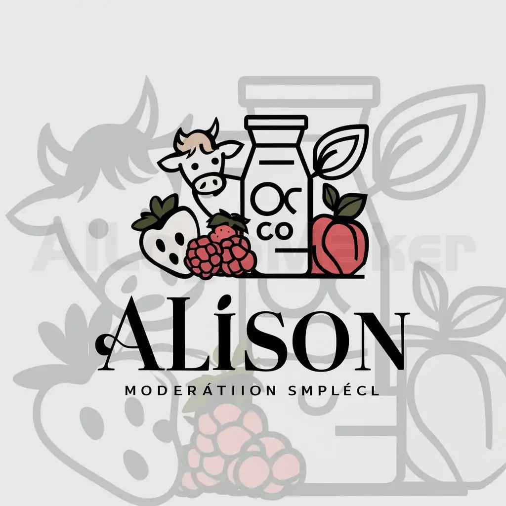 a logo design,with the text "Alison", main symbol:vaca, botella de yogurt, fresa, arandanos y durazno,Moderate,clear background
