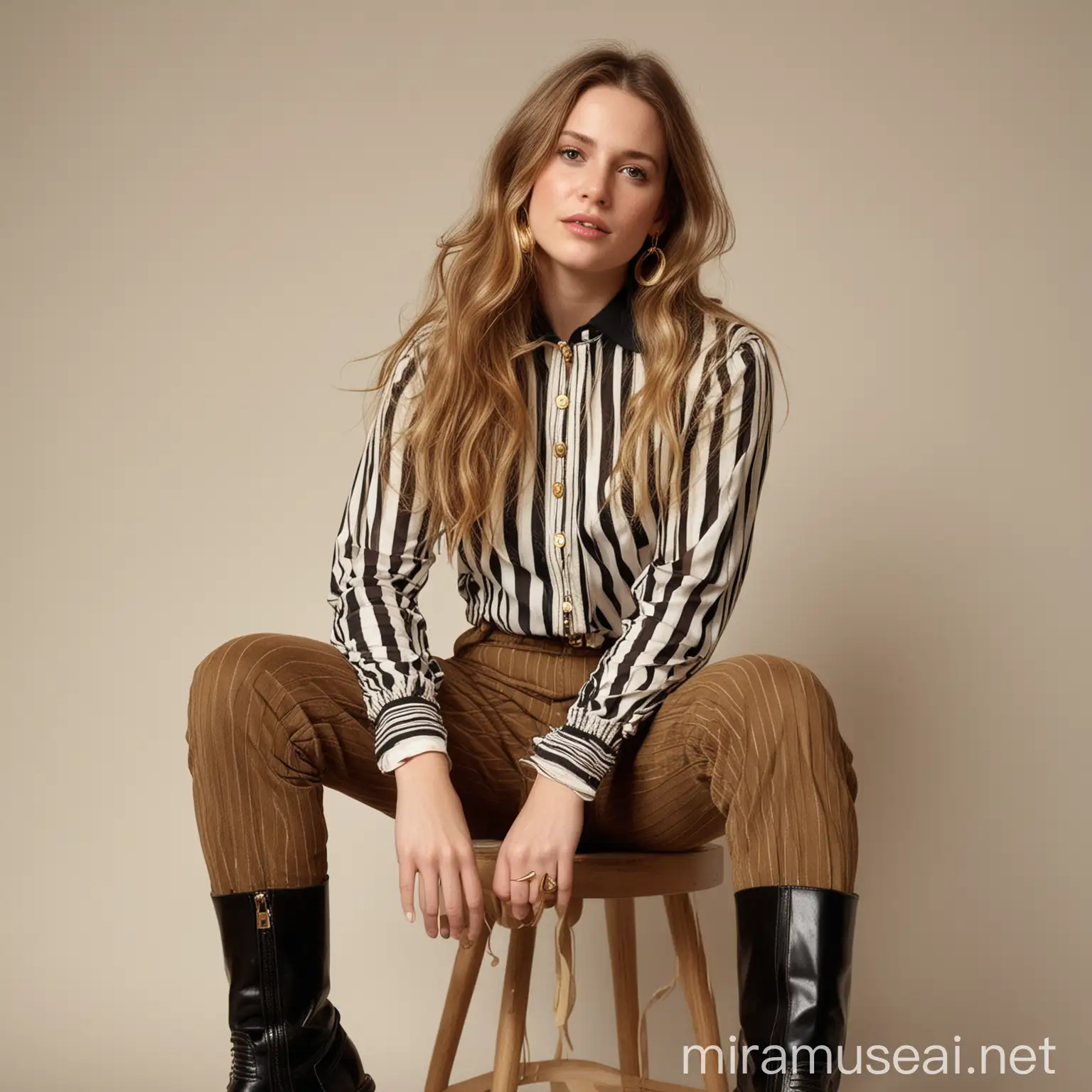 Young Woman in Casual Striped Outfit and Boots