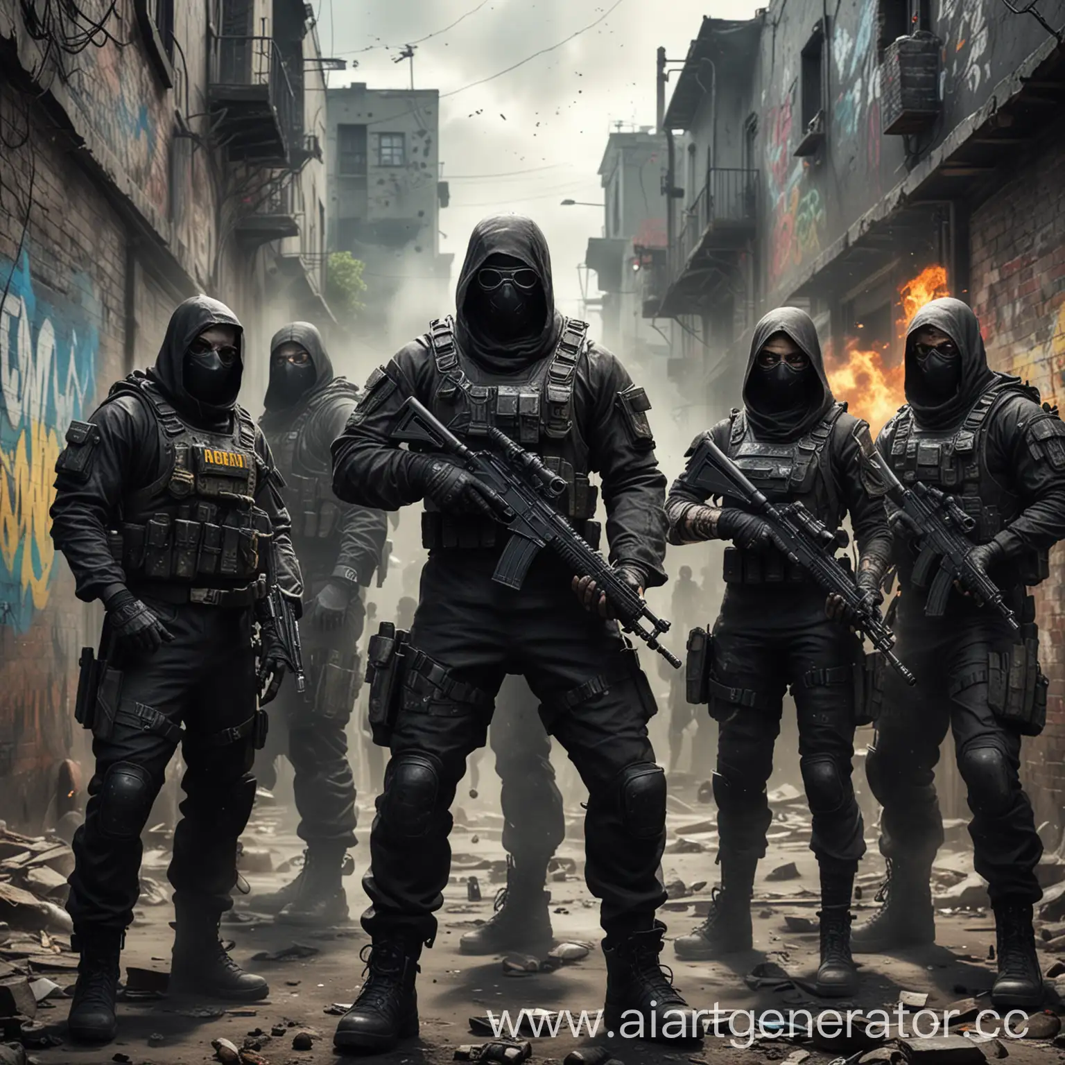 Команда  , игра call of Duty, яркая, классная, с вау эффекта без видимых лиц, чёрные маска, фантастические выдуманные костюмы, фантастика, в зоне действий, граффити