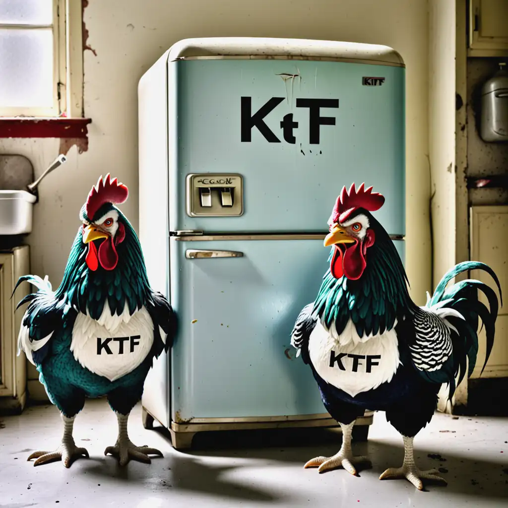 Angry Cockerels Guarding Old Fridge with KTF Spray Paint