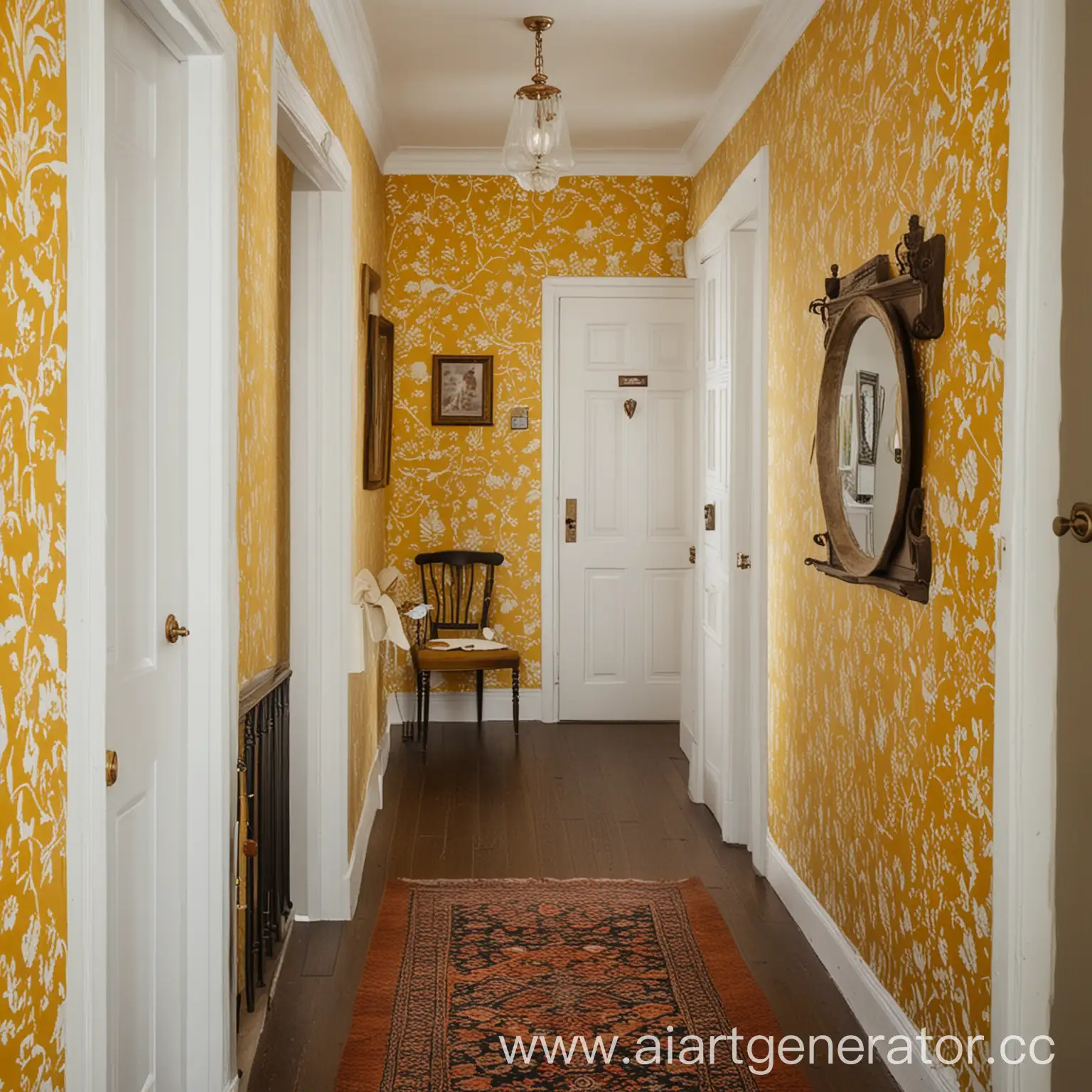 Белая дверь в коридоре с тёмно-жёлтыми обоями