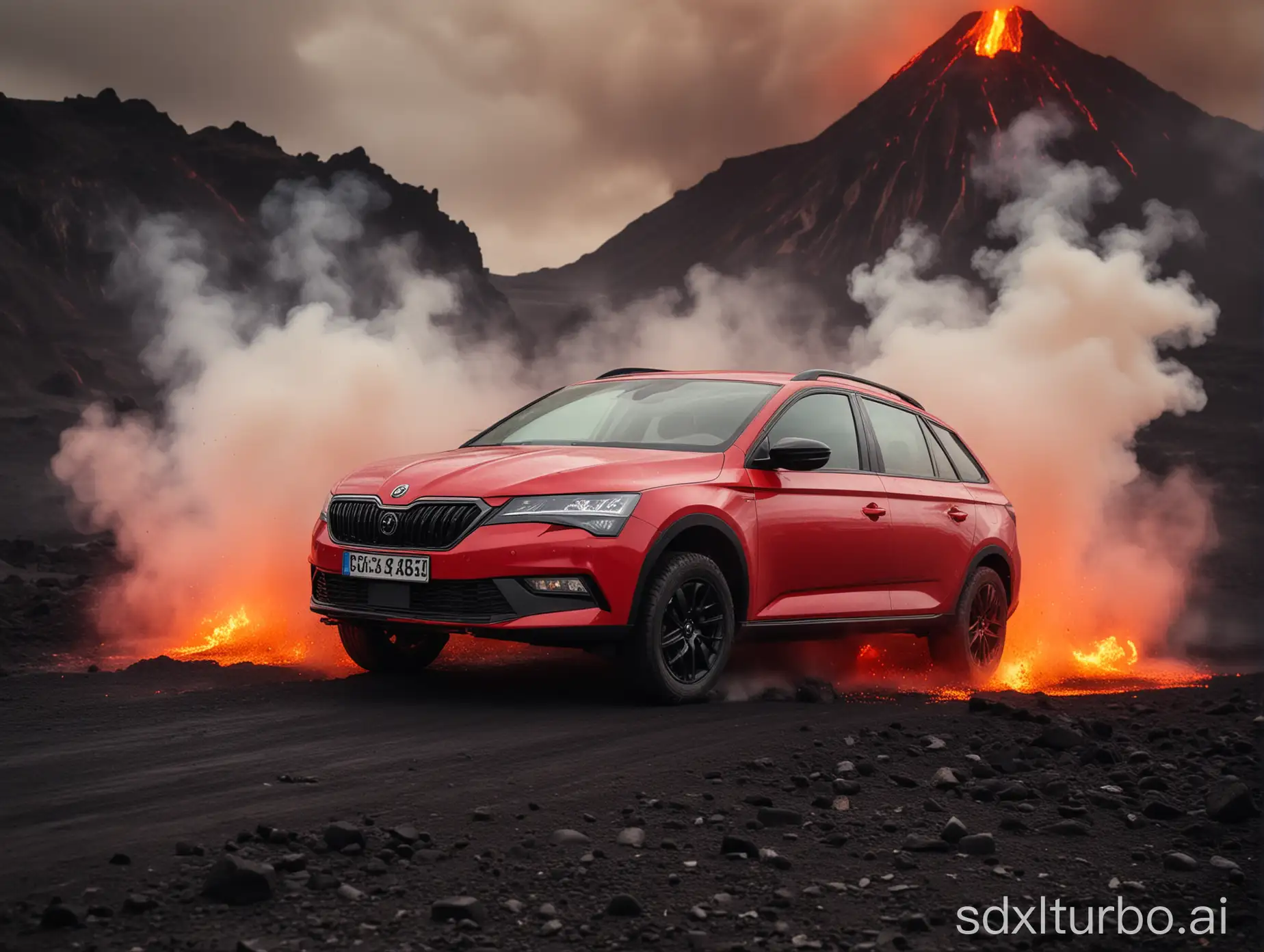 professional front portrait photo of Skoda Scala car driving over black dirt road surrounded by glowing hot lava field on both road sides. Extensive smoke coming from lava.Volcano in far background. Matte red paint. Offroad bumper. offroad roof racks. Bokeh. Shot taken from front