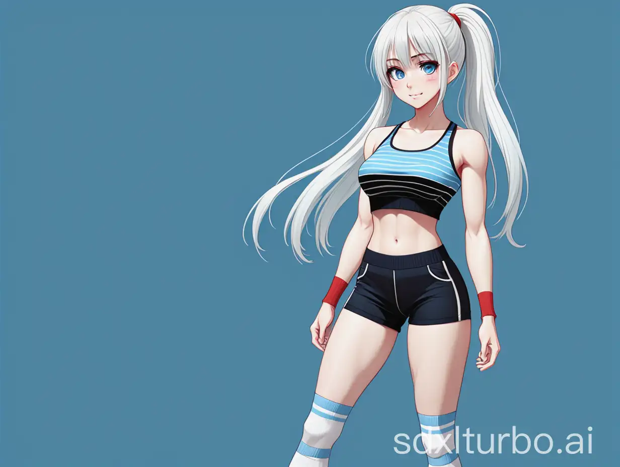 anime girl. toned athletic body. beautiful breast. beautiful butt. full height. beautiful well-crafted face. happy face. white long hair. hair with a fringe. ponytail with red band. light blue eyes. thin eyebrows. form-fitting blue top with black trim. cropped top. tight fitting sporty black shorts. stripes of fabric on the shorts, light blue lines. white sneakers. white socks.