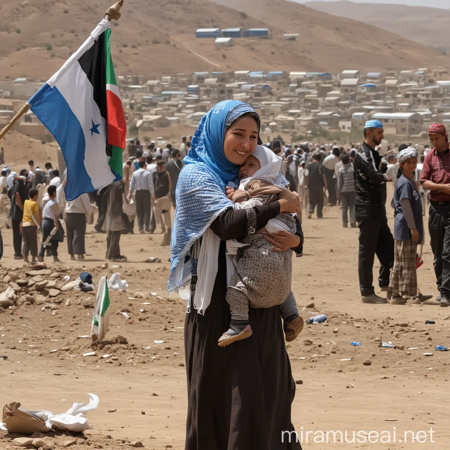 East Turkistani Woman Embracing Palestinian Child with Arakan Flag