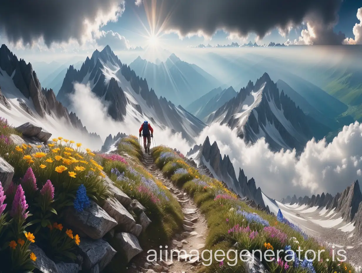 Panoramic photo of a mountain ridge: a mountaineer ascends a mountain path, mountain peaks are shrouded in cumulus clouds, sun rays illuminate alpine flowers.  A majestic landscape of peace and harmony. Professional photo. 8K