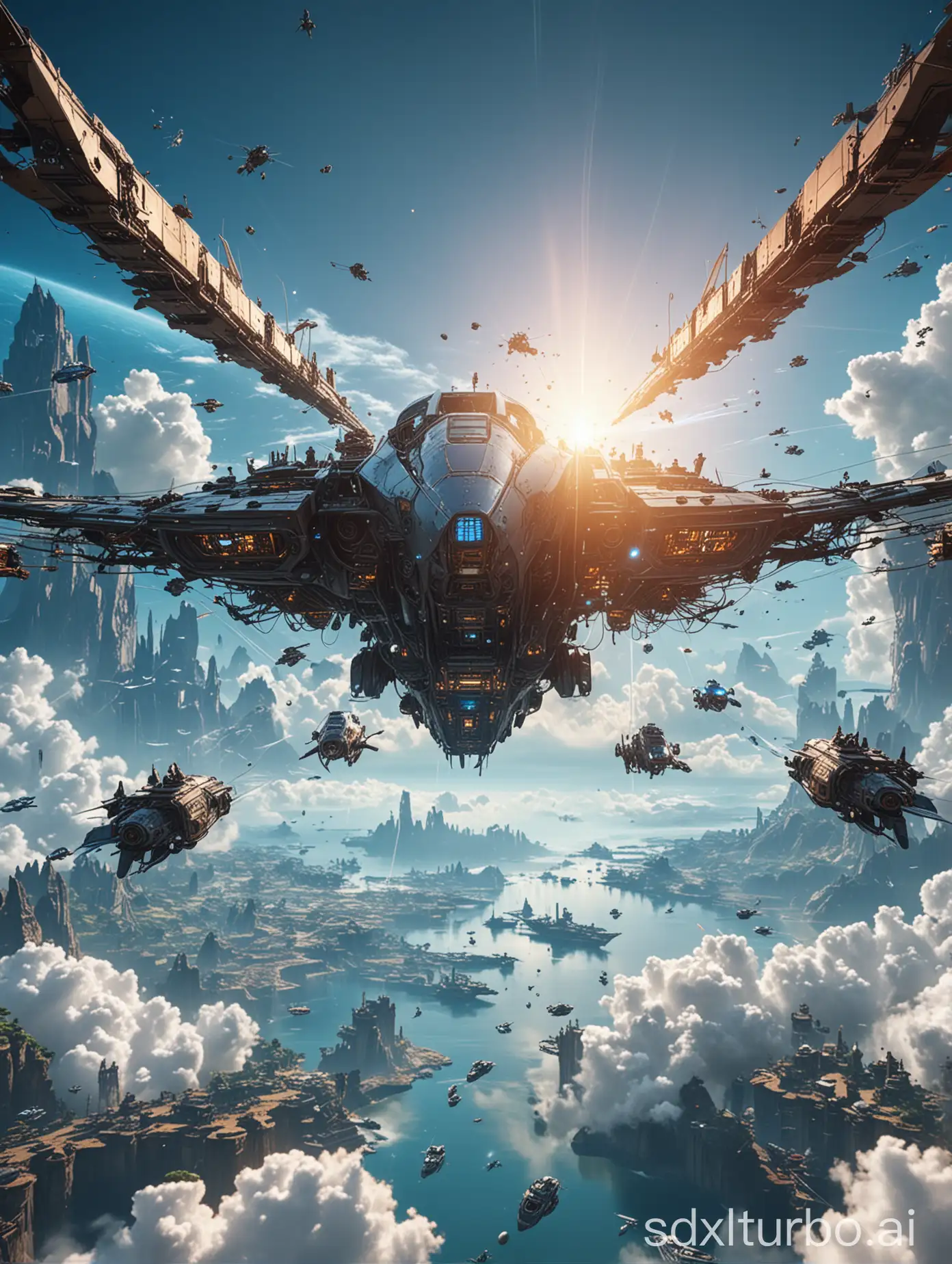 Future world, people open flying ships in the azure sky, machinery, Earth, laser, lively scene, fragments, armor, wires, magnificent, omnipresent, cinematic level scene, virtual space, 8k