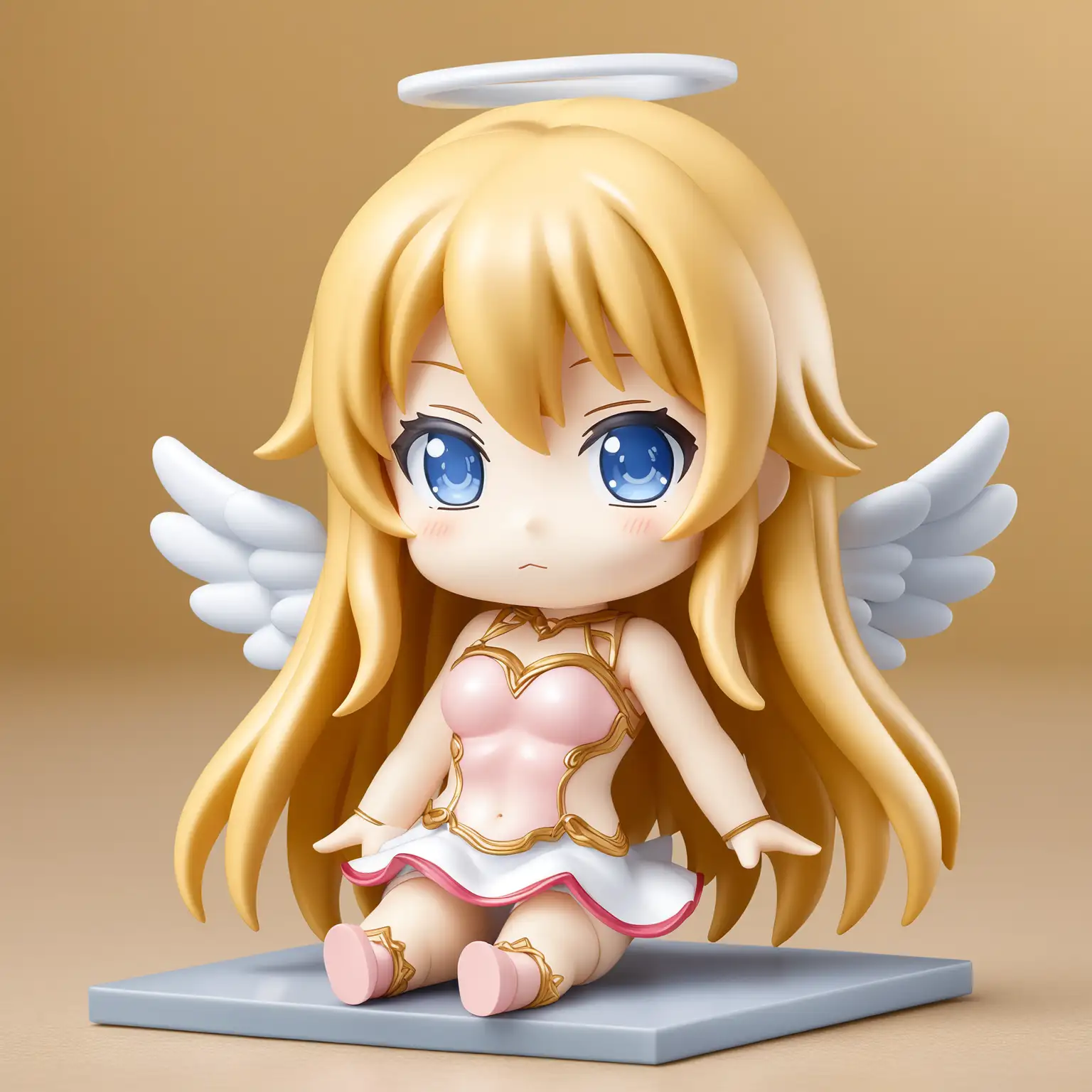 Draw a anime sexy women ,SD style, chibi style,  nendoroid, sitting on floor , light pink angel costume, angel wing , short skirt, blonde long hair, fantastic background, full body.