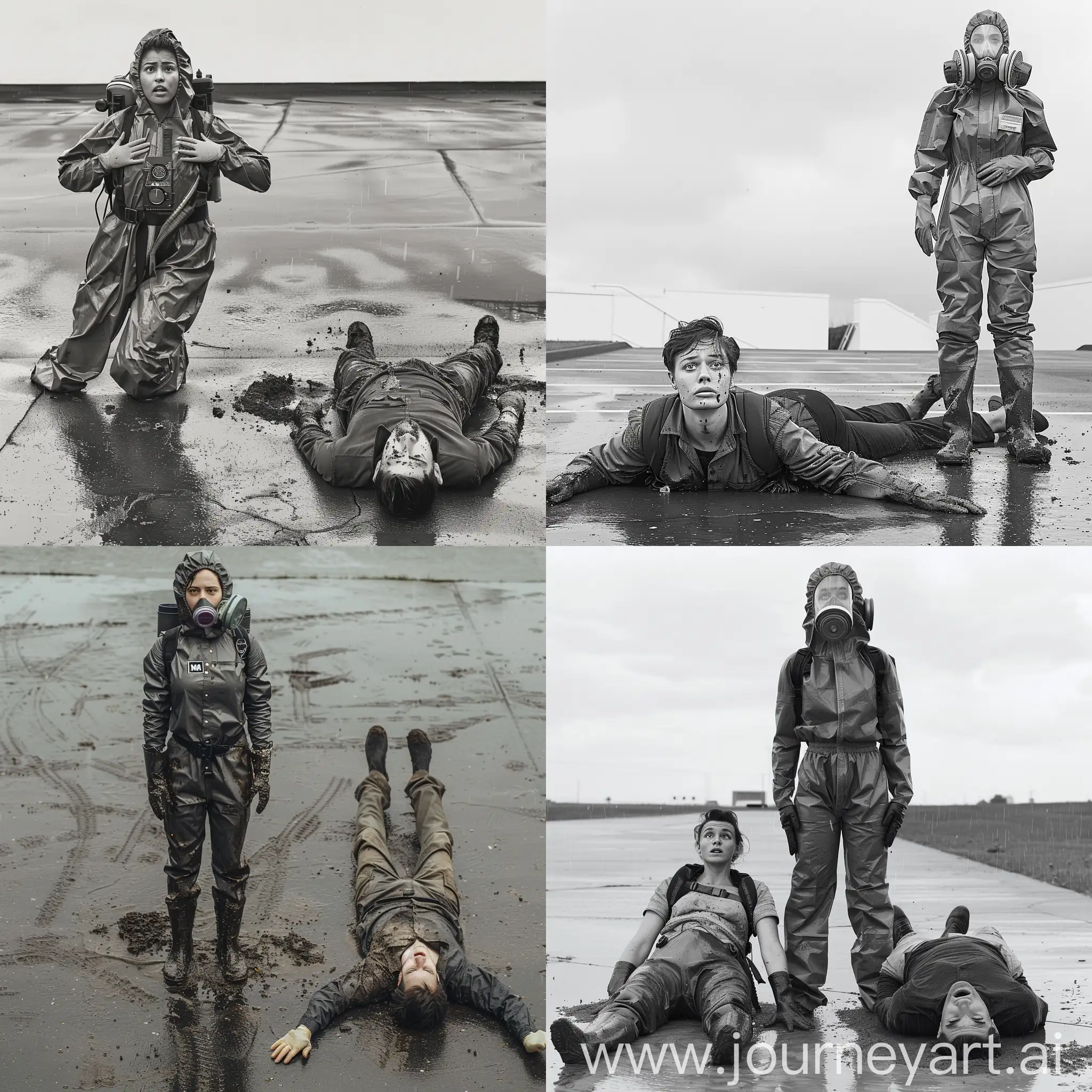 full-length photo of two persons. outdoor, rainy day, pavement.
person 1: woman, protective gear, rubber, strong hazmat suit with hood, fullbody, 3M fullface mask with visor, oxygen tanks on the back, rubber gloves, rubber shoes, stand straight, hands on the chest, confident, drops of mud on suit
person 2: man, casual outfit, lays on the ground in mud, scared