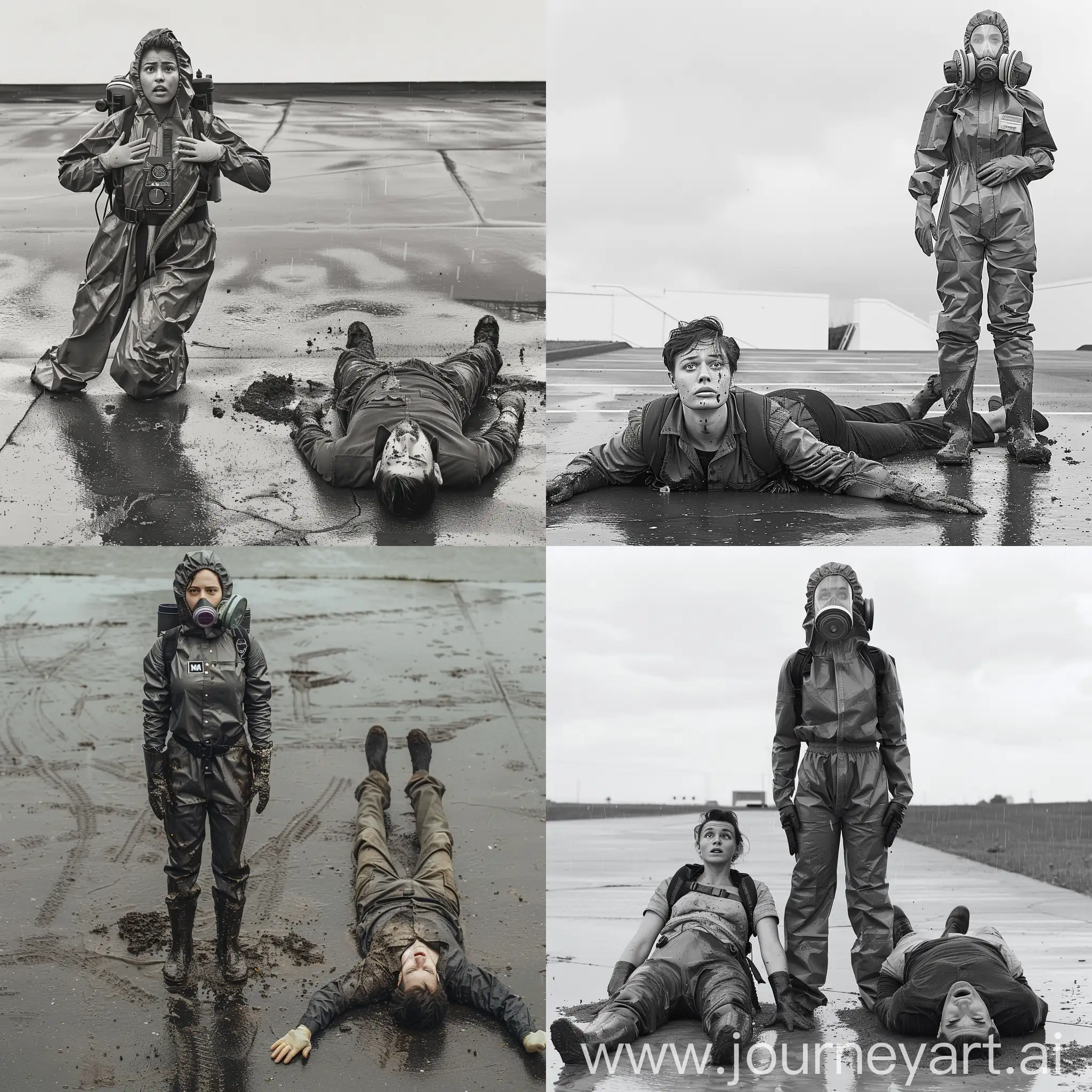 Confident-Woman-in-Hazmat-Suit-with-Man-in-Mud-on-Rainy-Day-Pavement