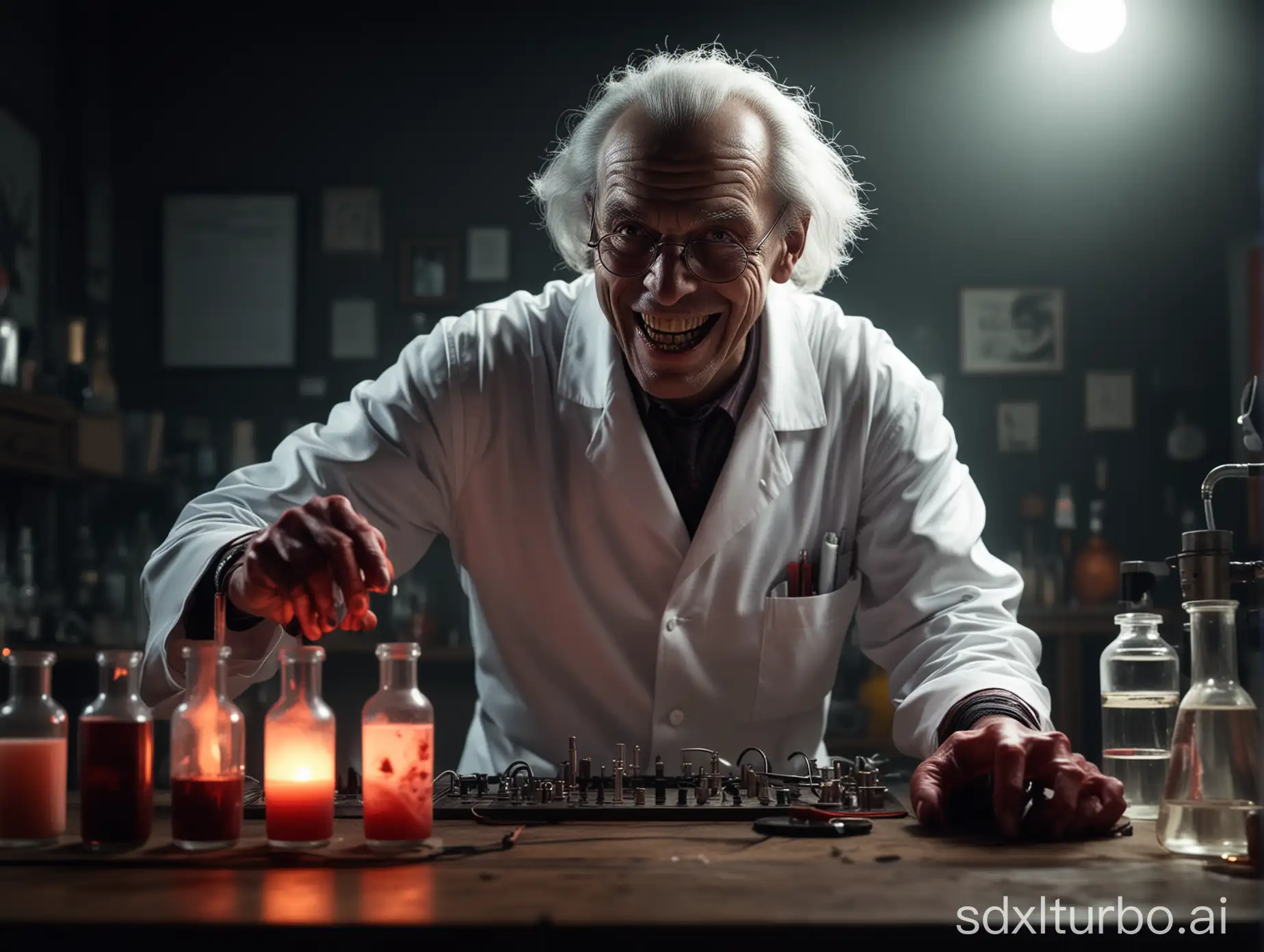 Create a high resolution, 16:9 aspect ratio, image about "true science scary stories". Show a crazy scientist doing wicked science experiments, alone, evil grin, in a lab, at night, dark room, red lighting, scary lights, menacing, mad scientist, night lights, photorealistic, dark, sketchy, atmospheric, catchy, vibrant colors, must pop and catch attention.