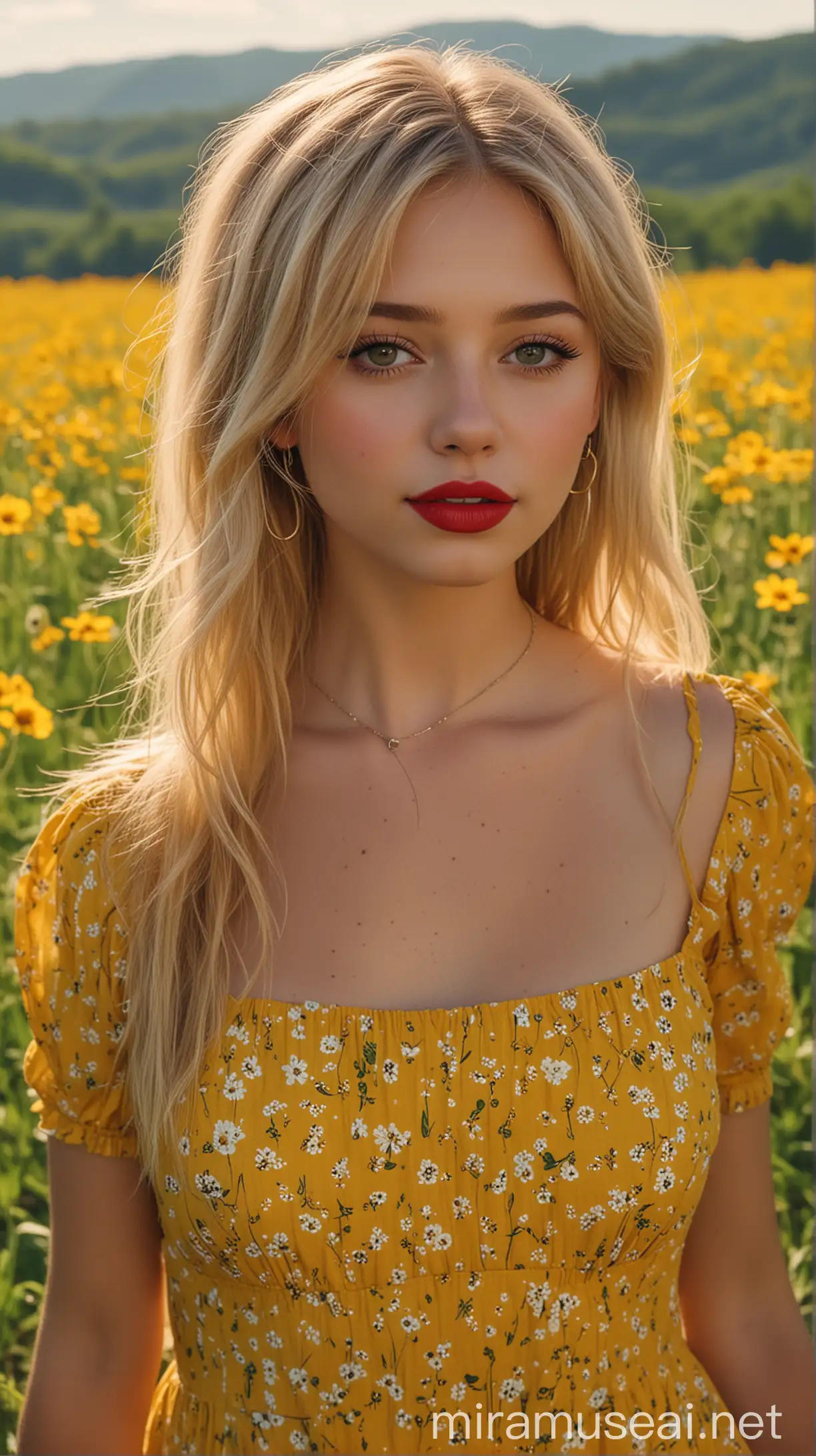 4k Ai art front view beautiful USA girl golden hair red lipstick nose ring ear tops yellow dress in usa wildflower fields